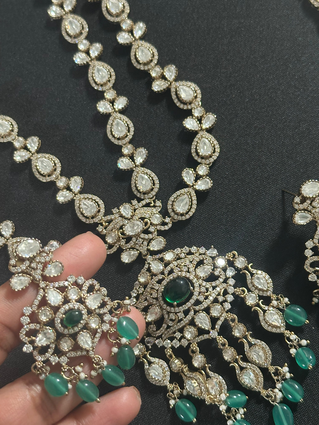 Victorian Finish 2 Layer Mossionite Green Kundan Set With Earrings