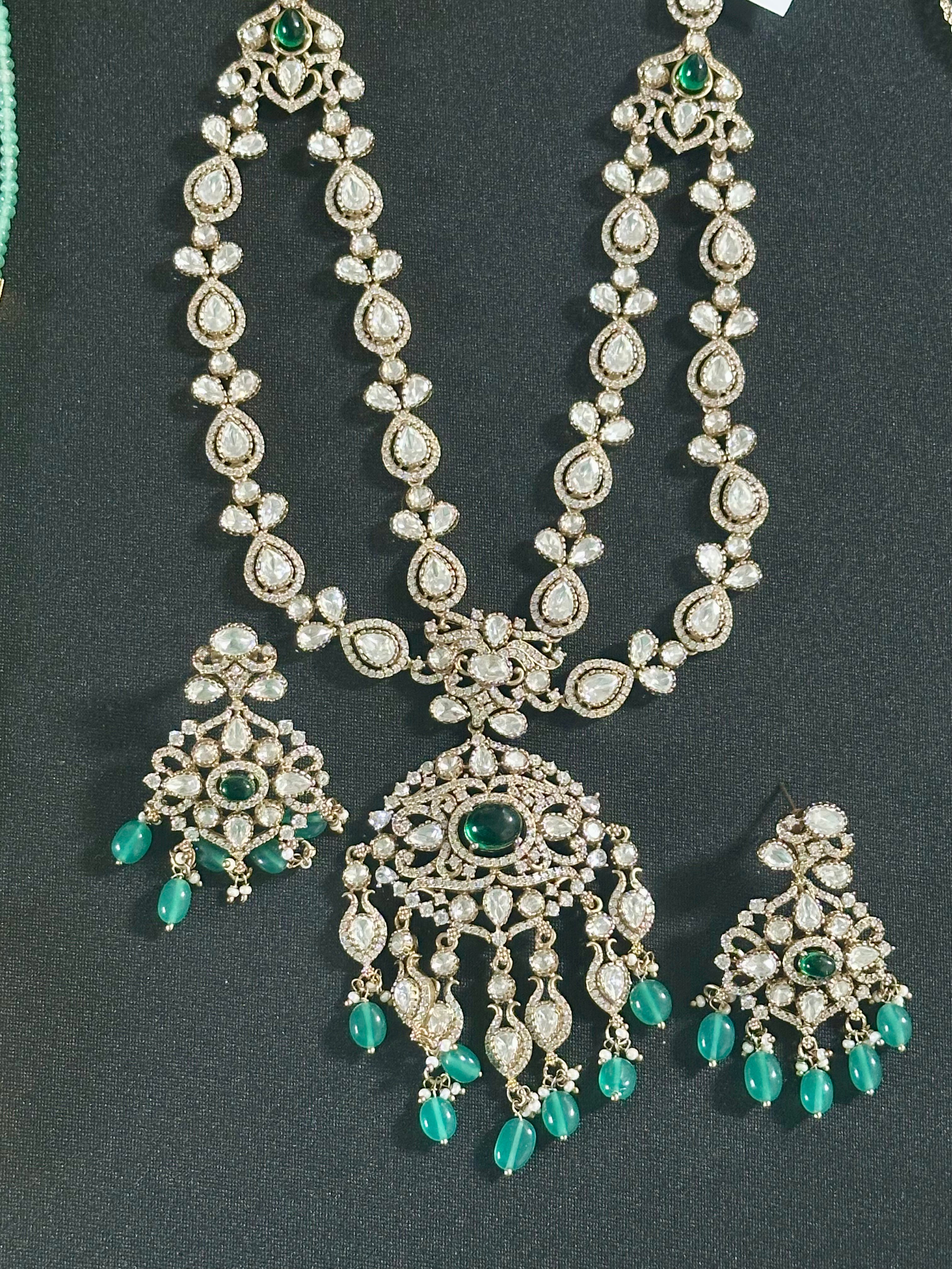 Victorian Finish 2 Layer Mossionite Green Kundan Set With Earrings