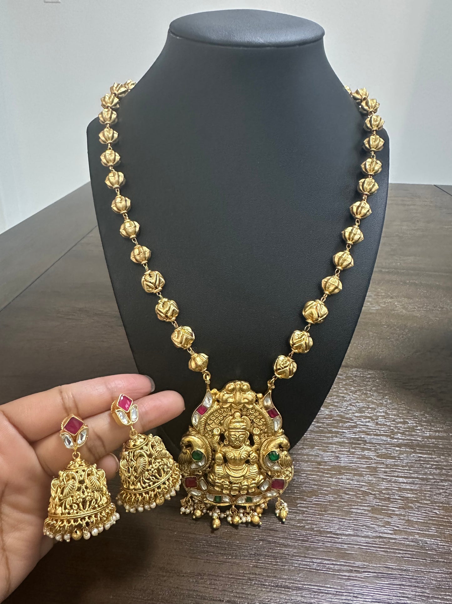 Gold beads matar mala with lakshmi pendant and jhumkas
