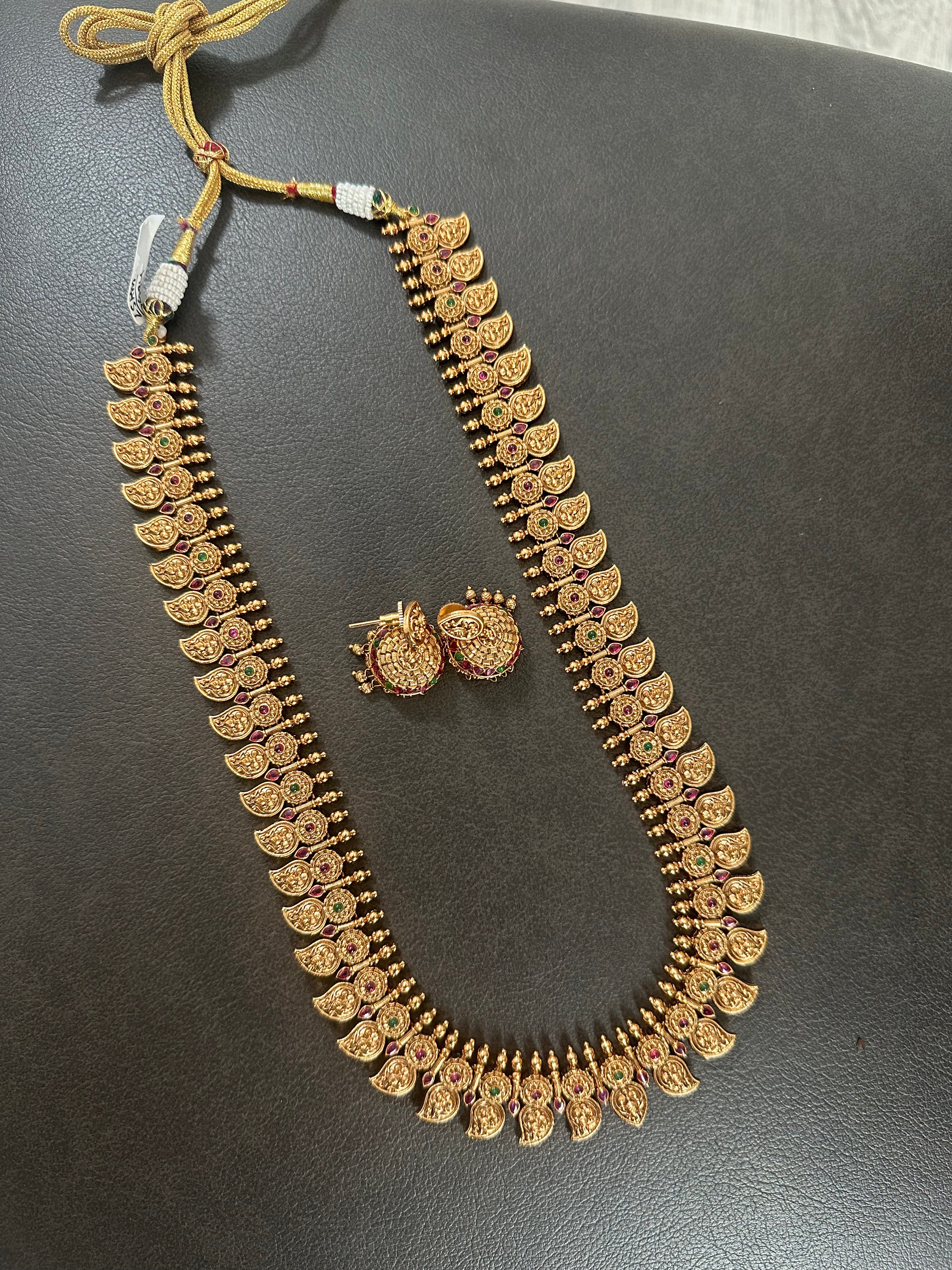 Traditional Mango Design Mala With Cute Jhumkas