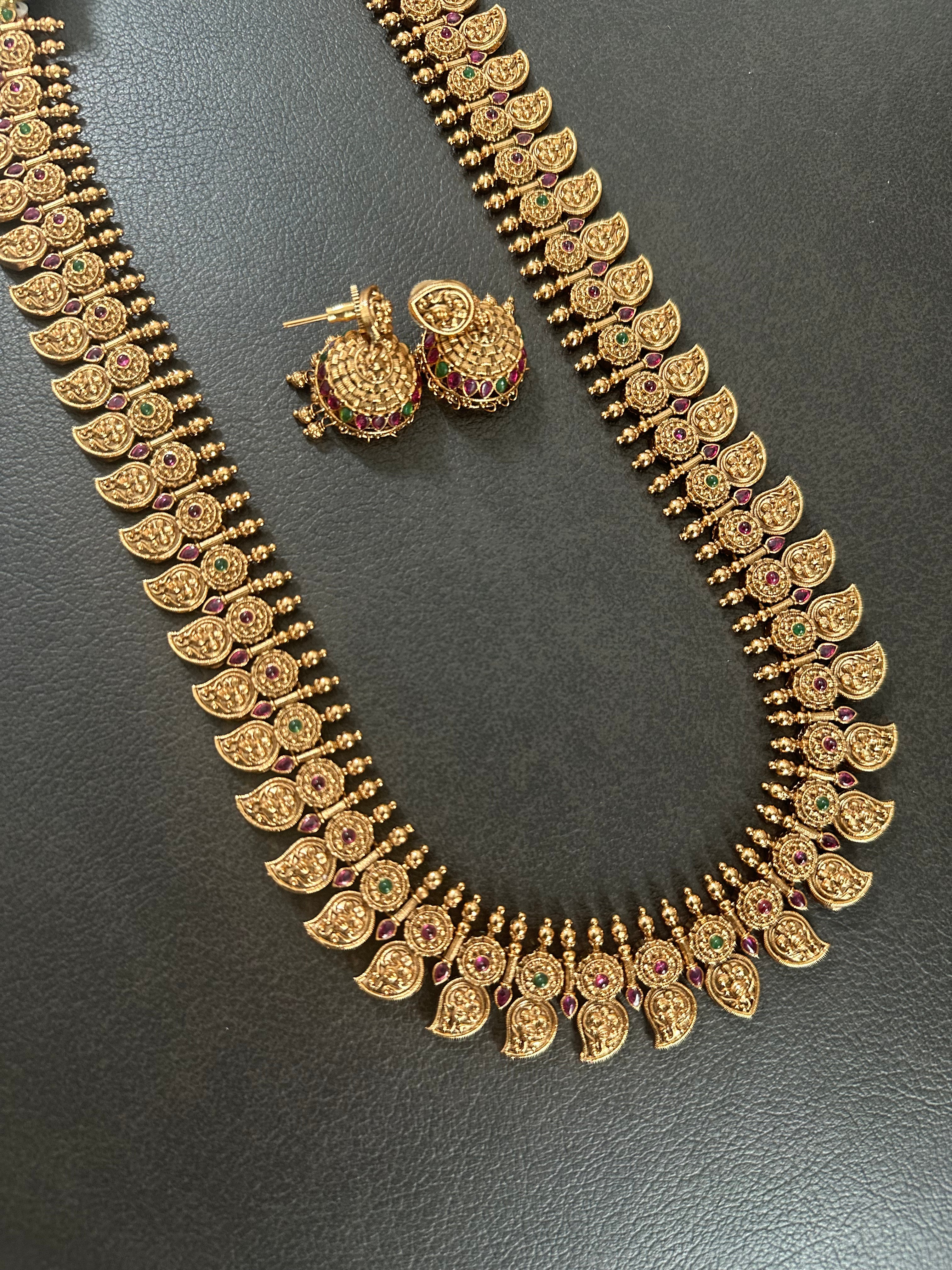Traditional Mango Design Mala With Cute Jhumkas