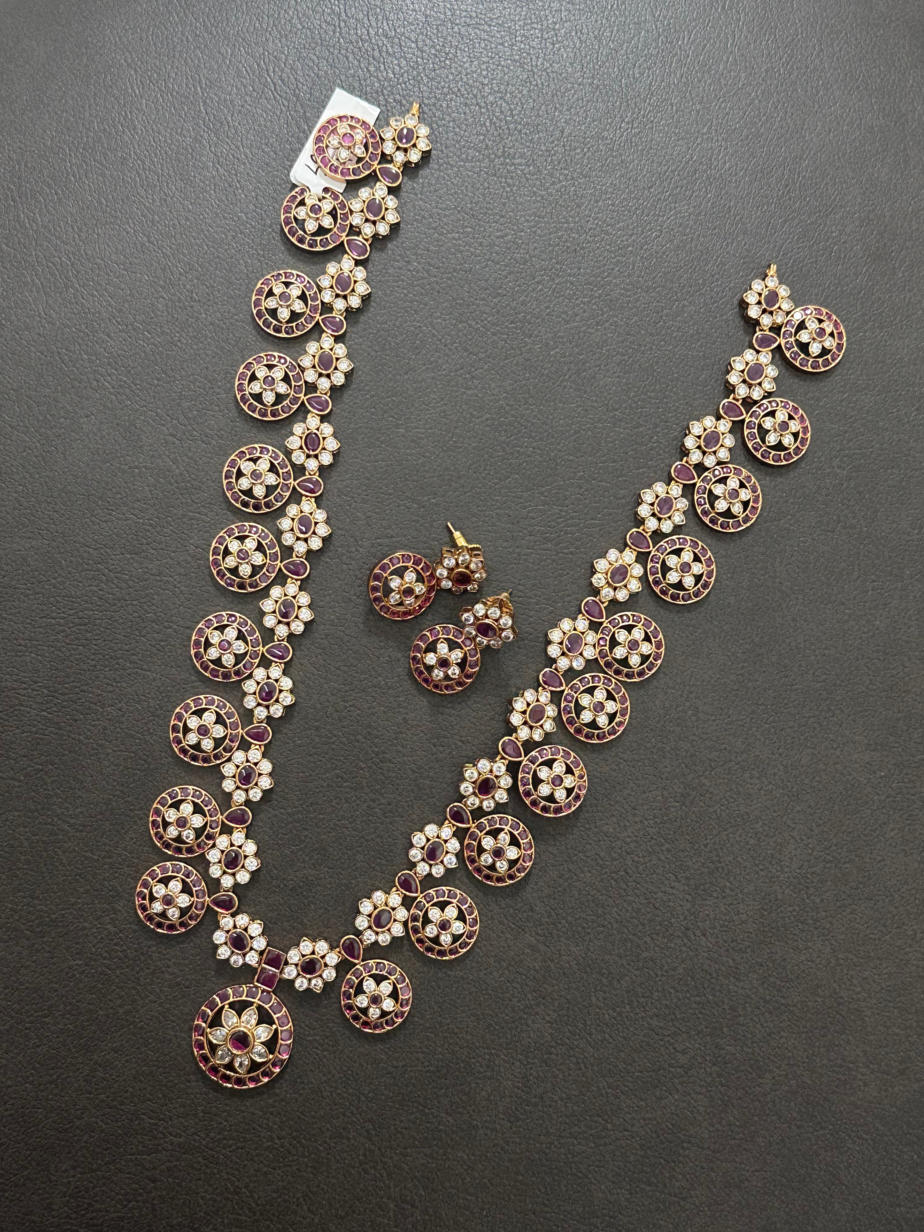 Traditional Coin Design Necklace Set With Earrings - White And Pink