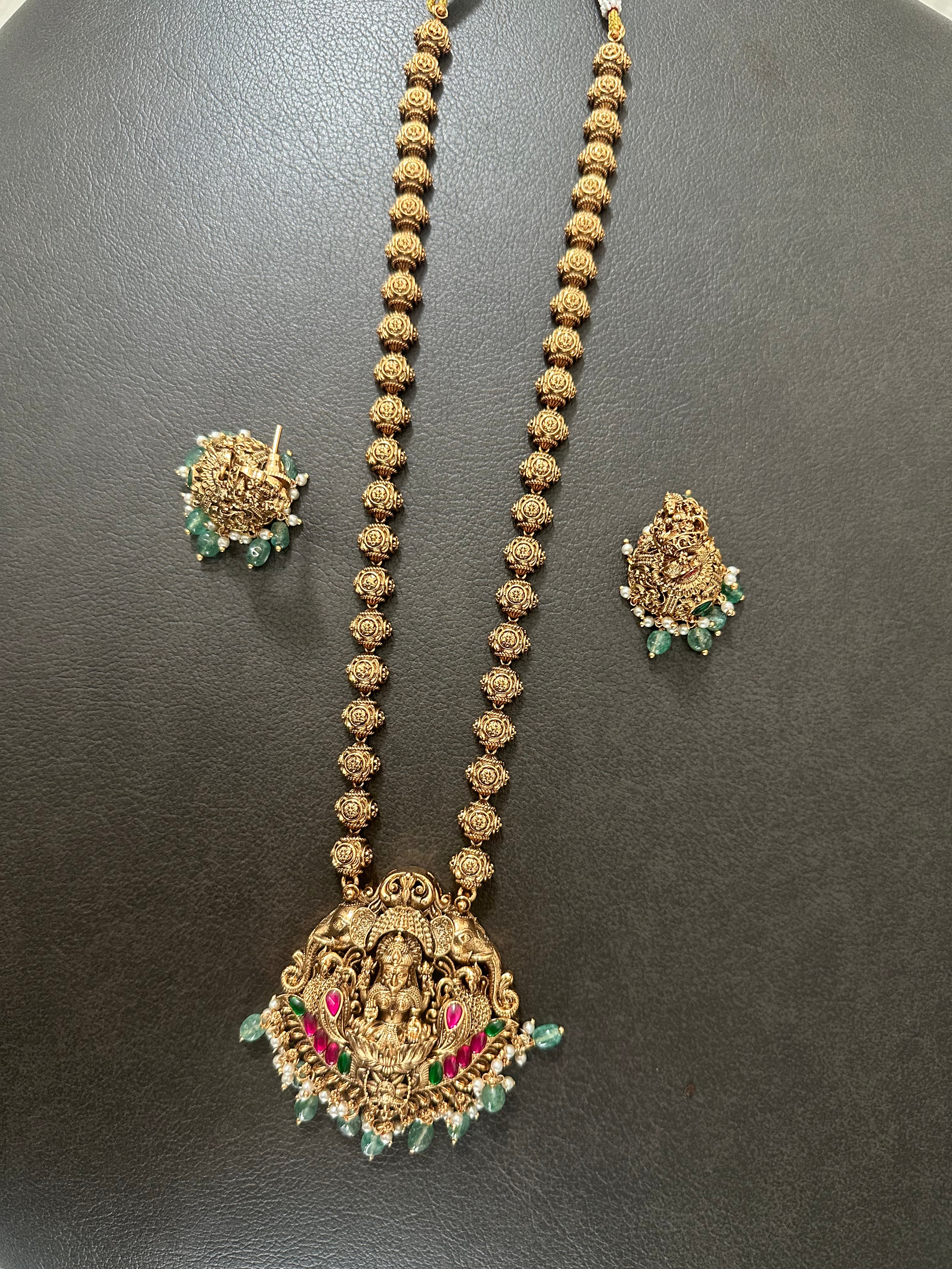 Gold Beads Lakshmi Pendant Set Long With Jhumkas