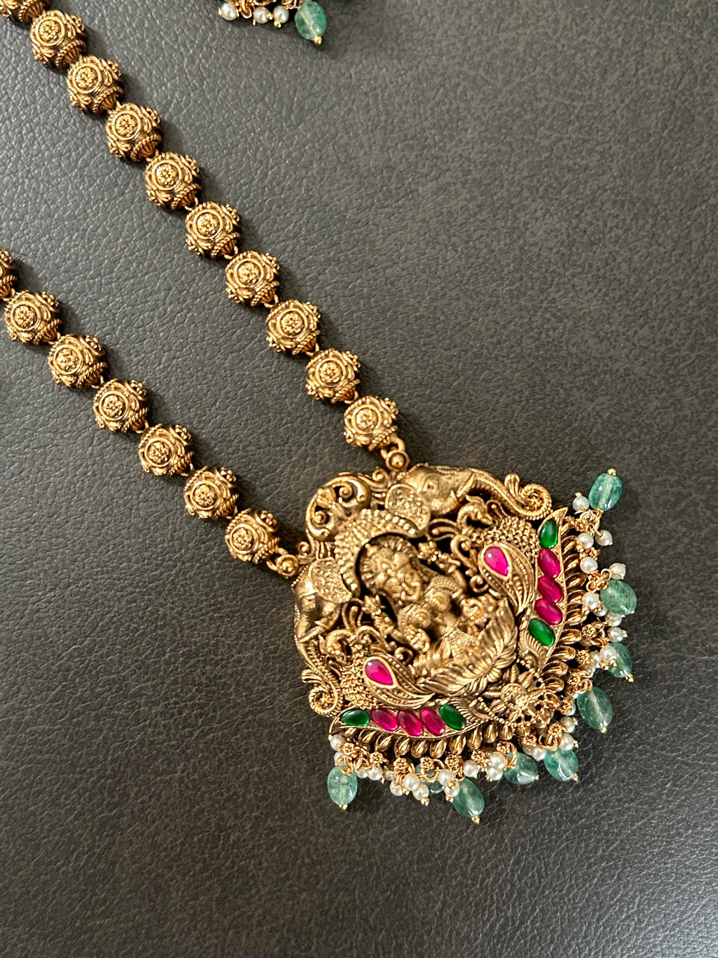 Gold Beads Lakshmi Pendant Set Long With Jhumkas