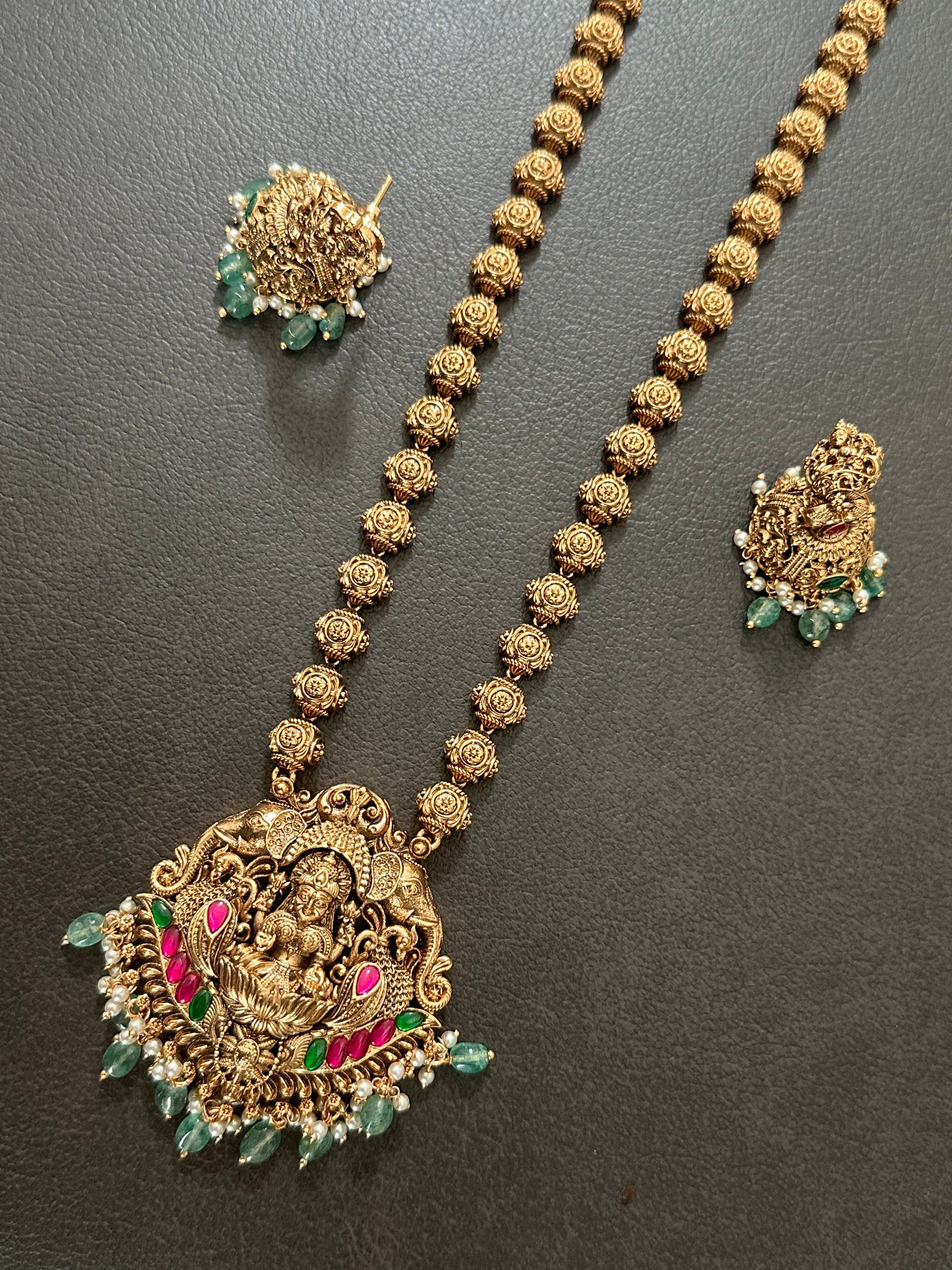 Gold Beads Lakshmi Pendant Set Long With Jhumkas