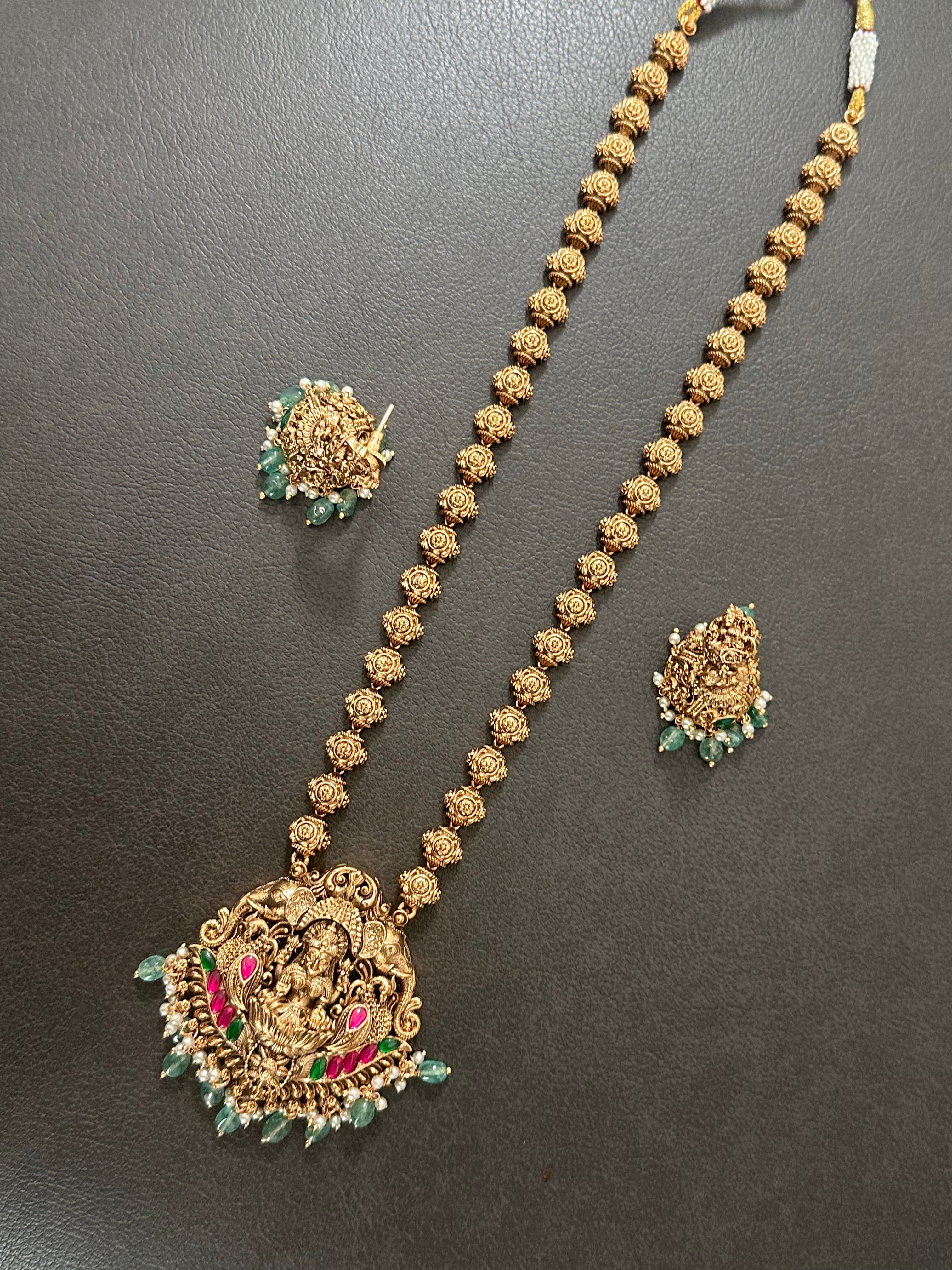 Gold Beads Lakshmi Pendant Set Long With Jhumkas