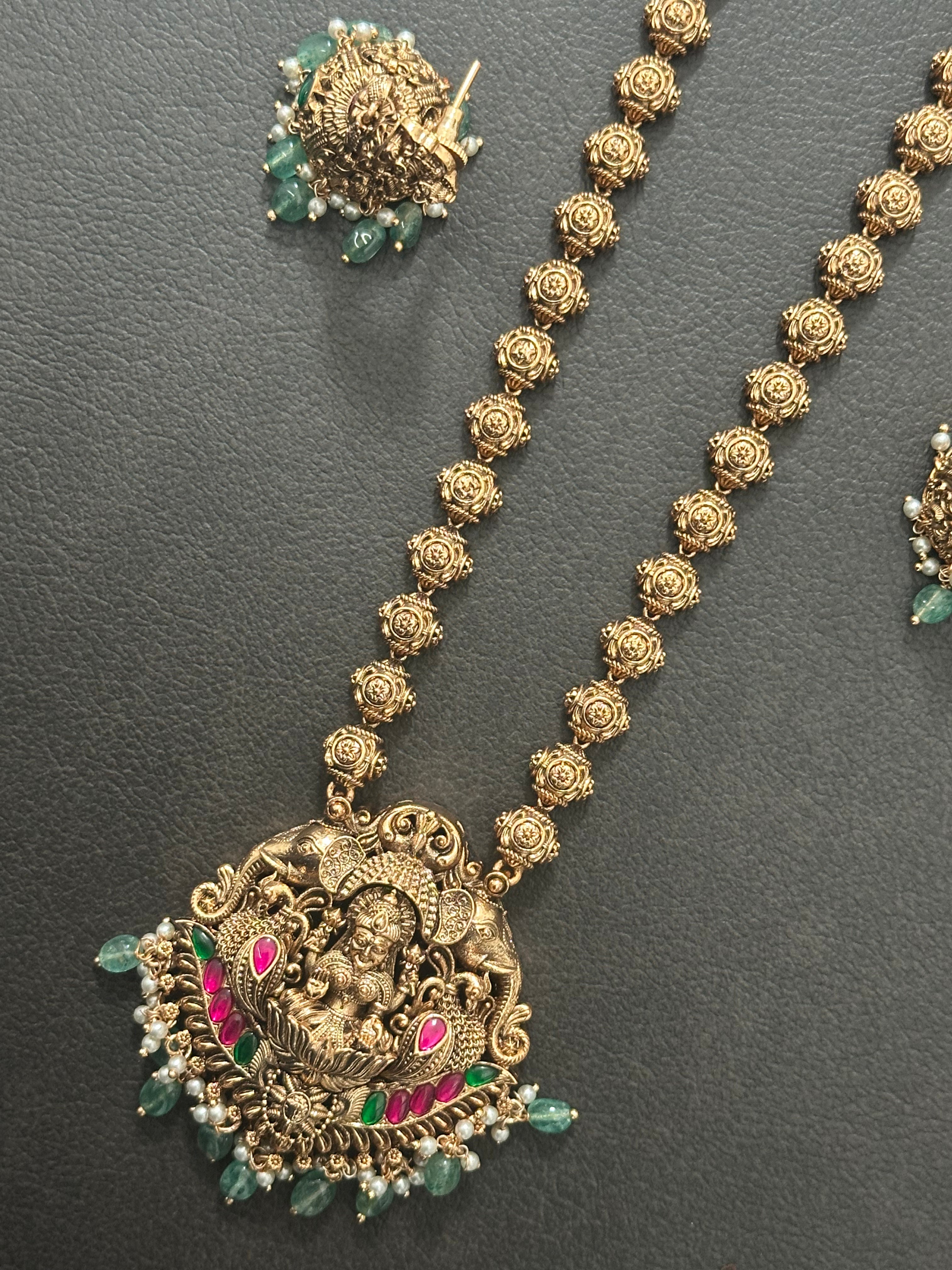 Gold Beads Lakshmi Pendant Set Long With Jhumkas