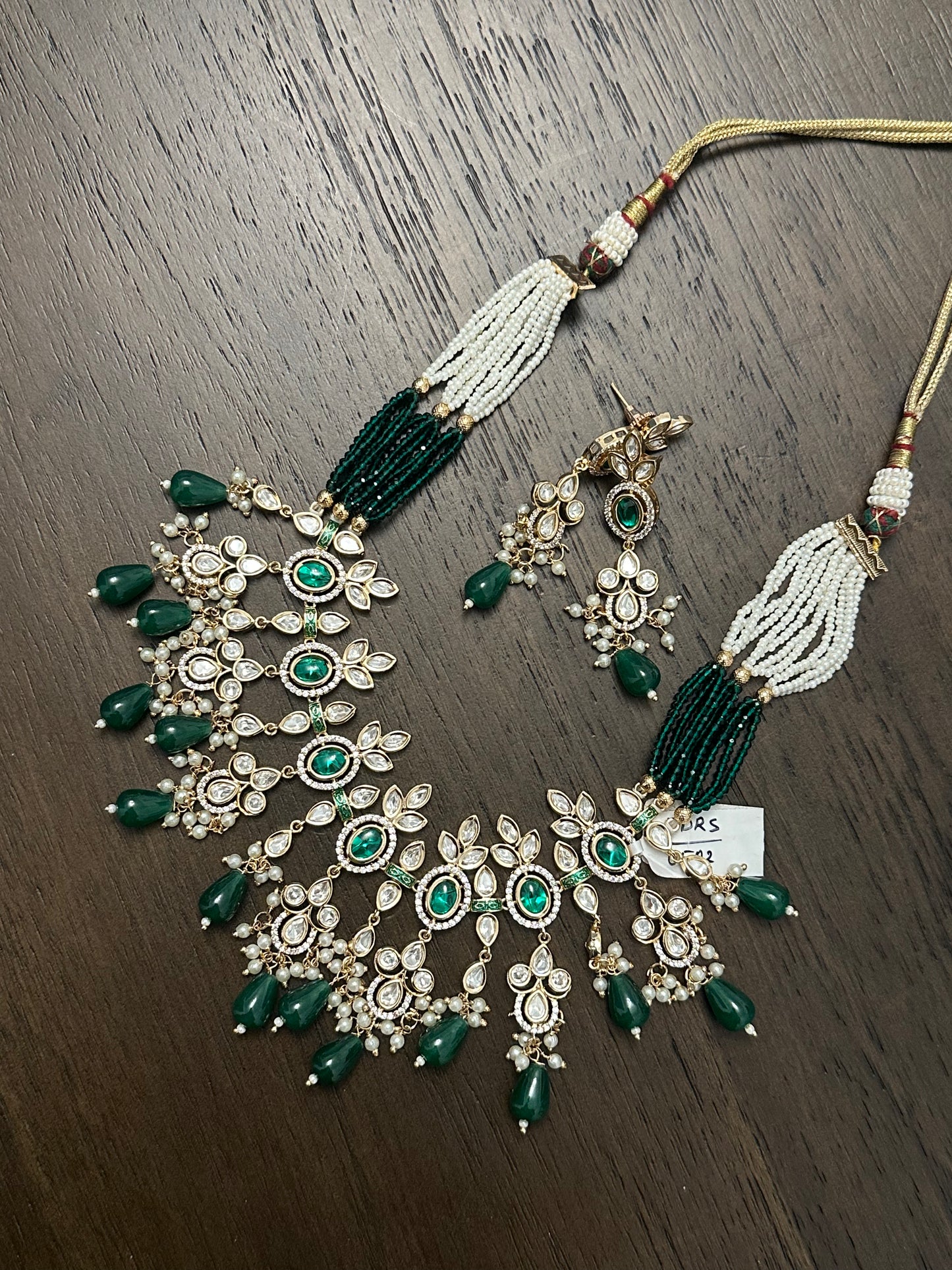 Emerald Stone White Pearl Kundan Necklace Set with Earrings