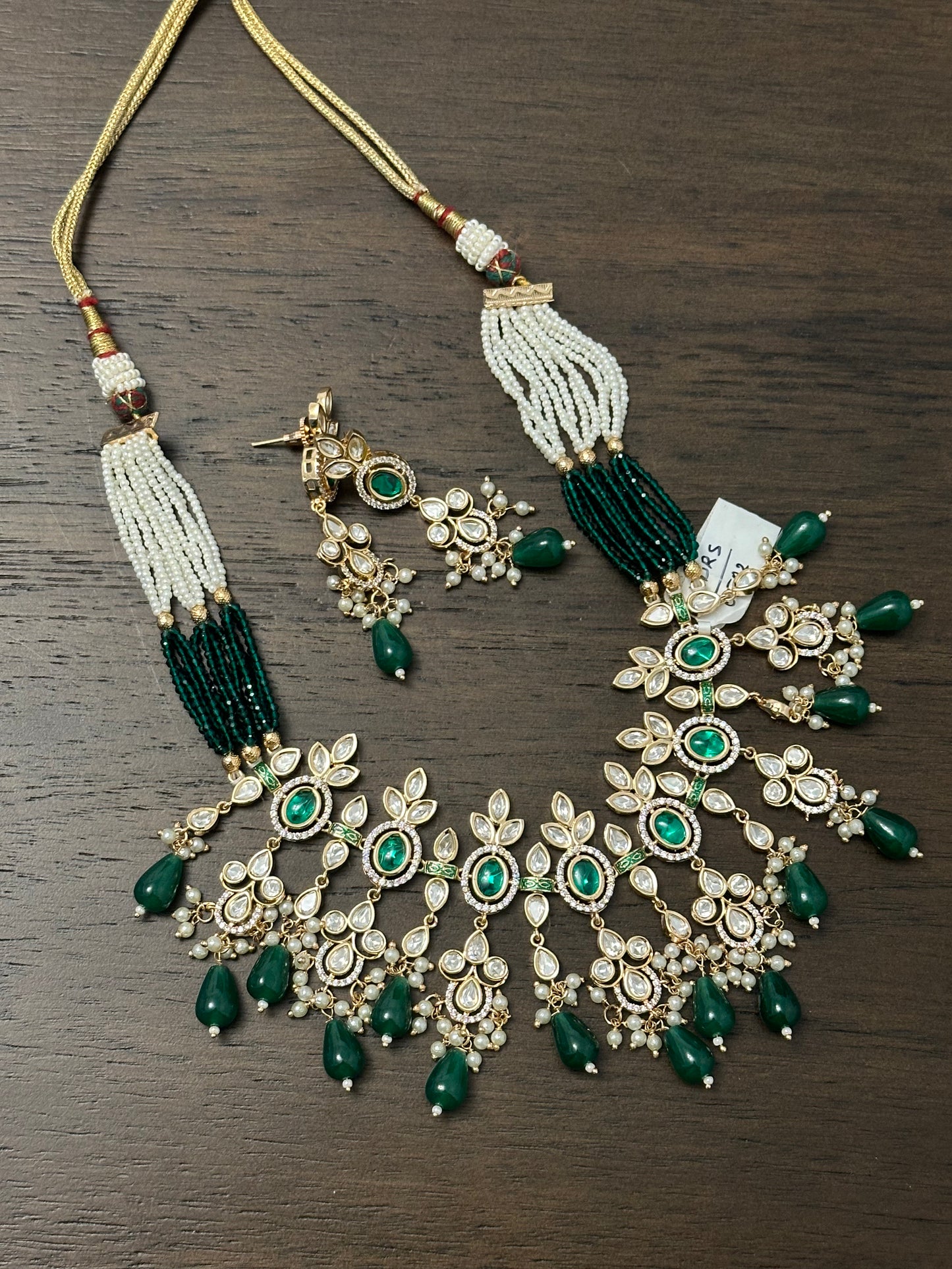 Emerald Stone White Pearl Kundan Necklace Set with Earrings