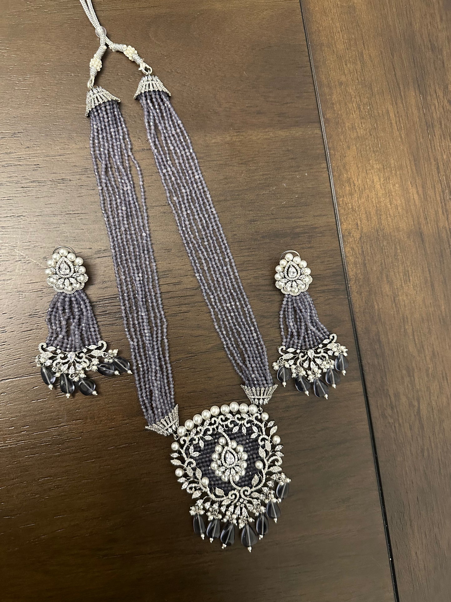 Grey Long Crystal Pendant Set with Earring