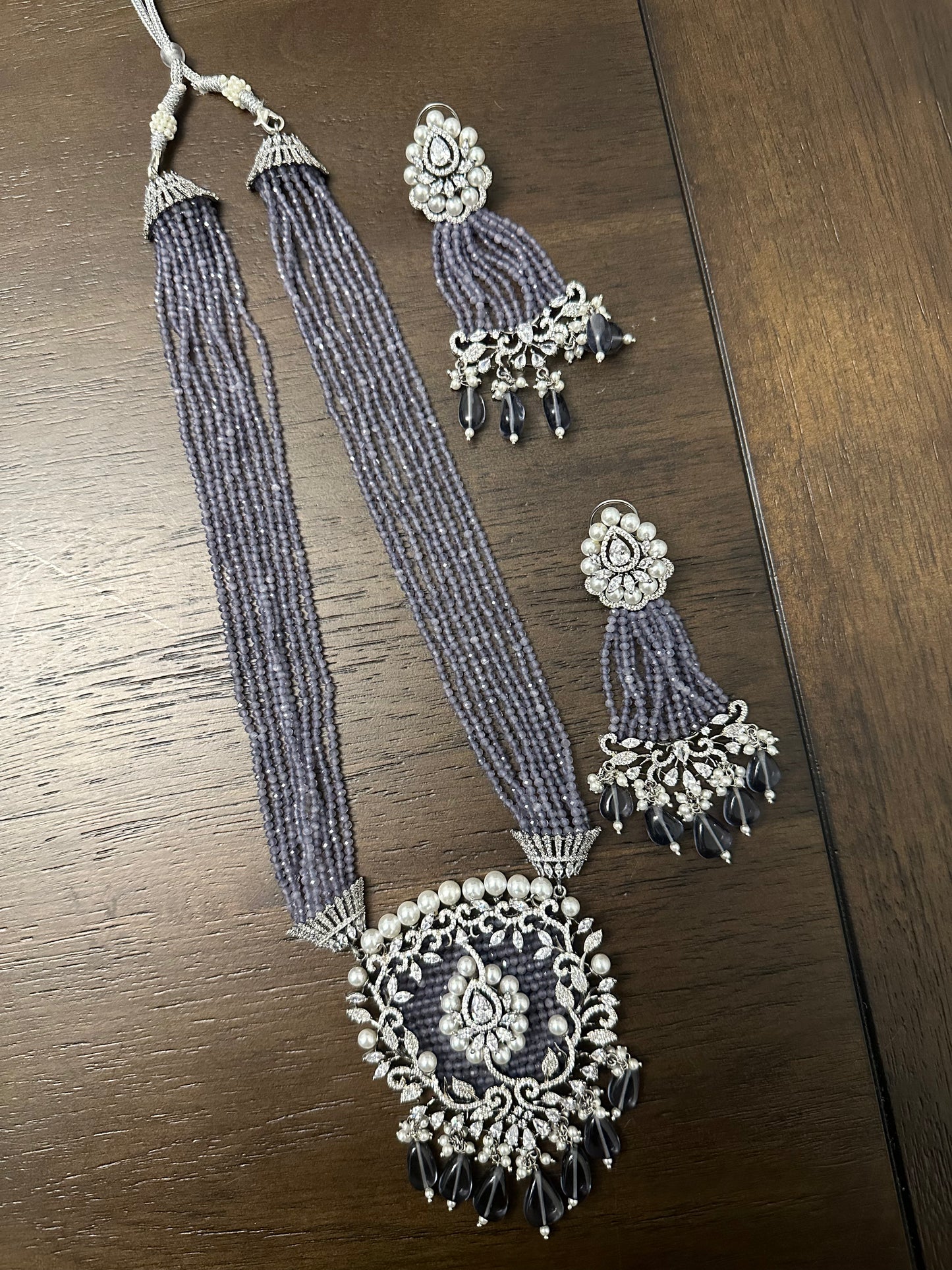 Grey Long Crystal Pendant Set with Earring