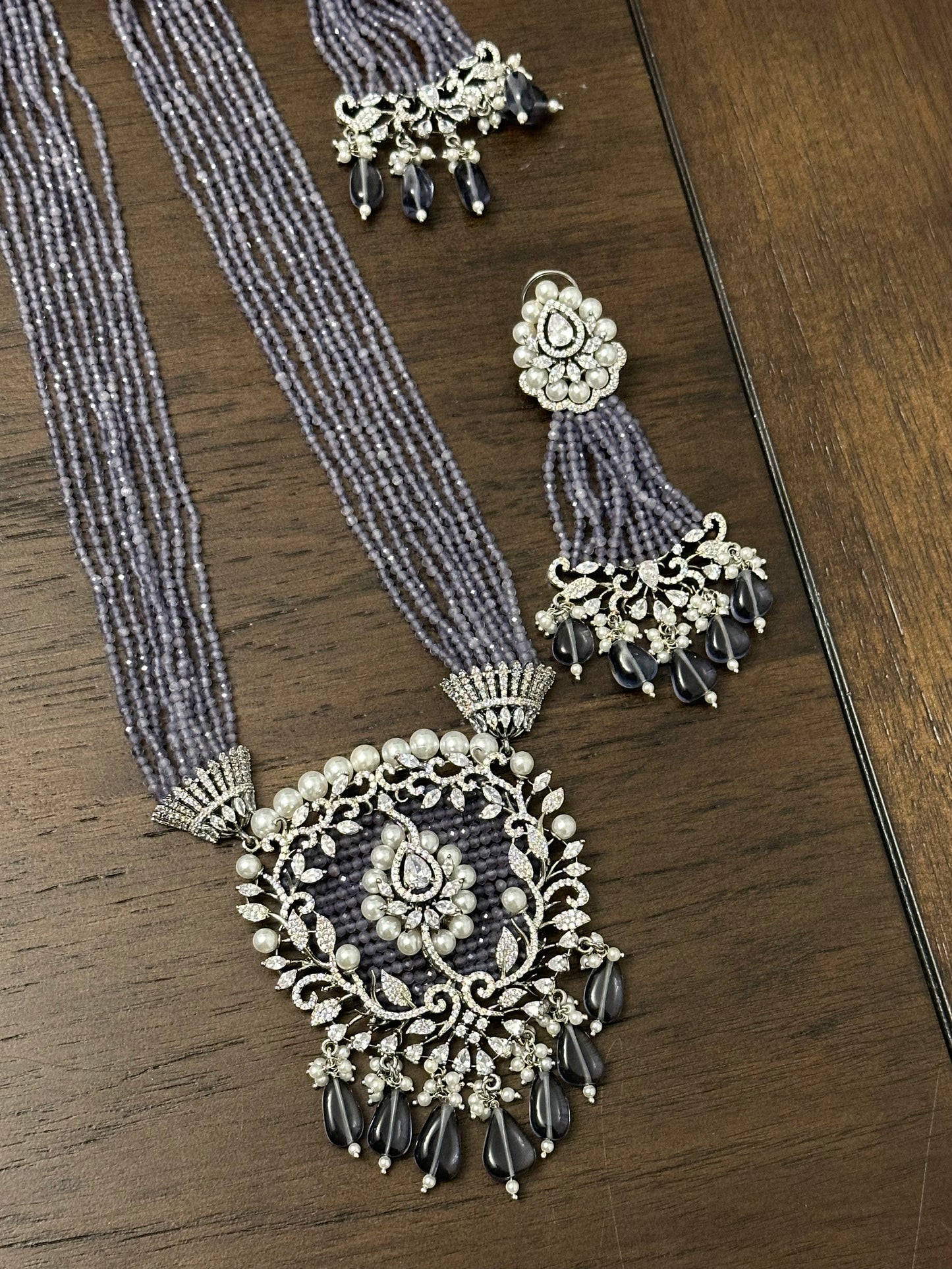 Grey Long Crystal Pendant Set with Earring