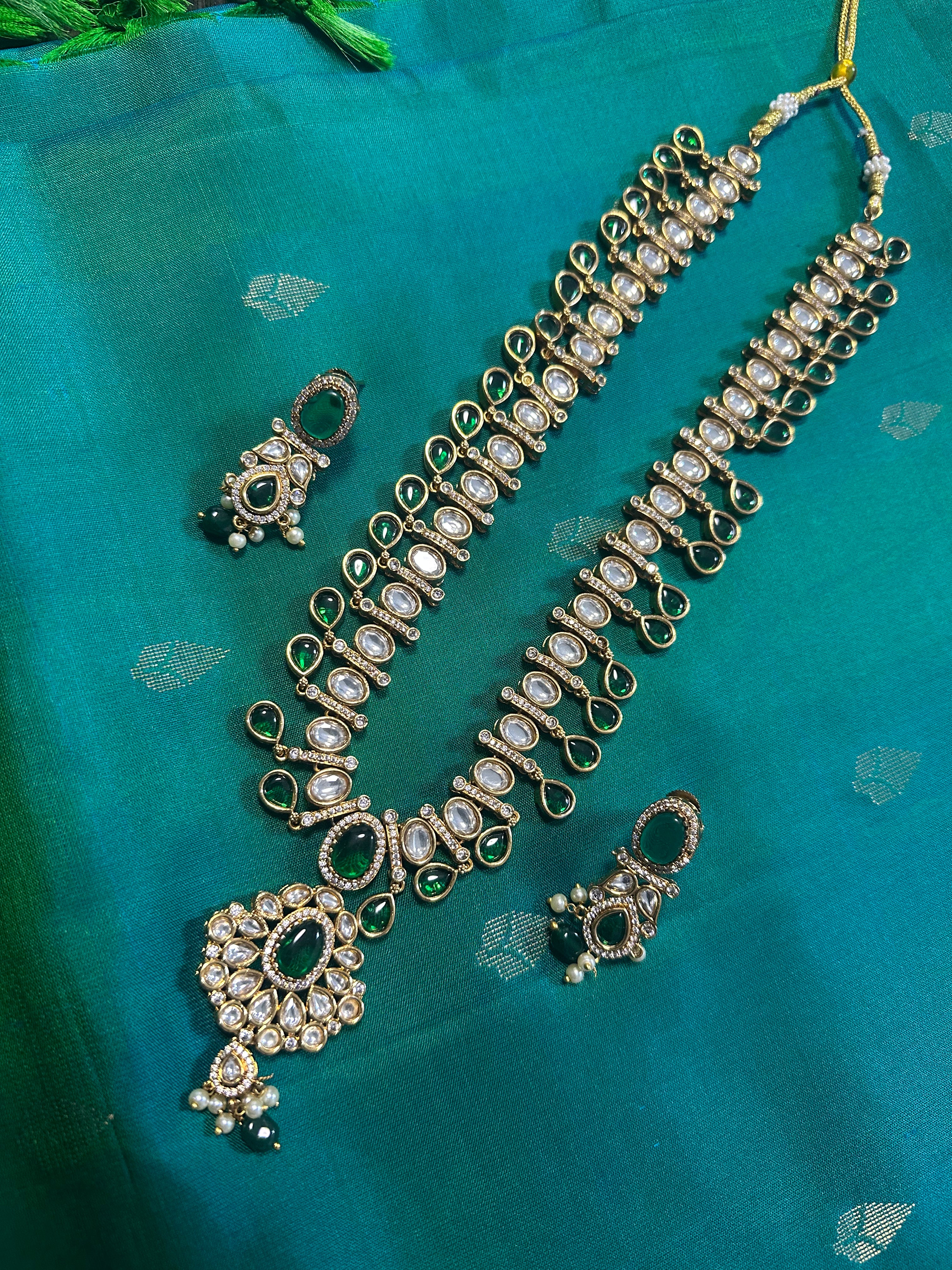 Green Stone Polki Kundan Set Long