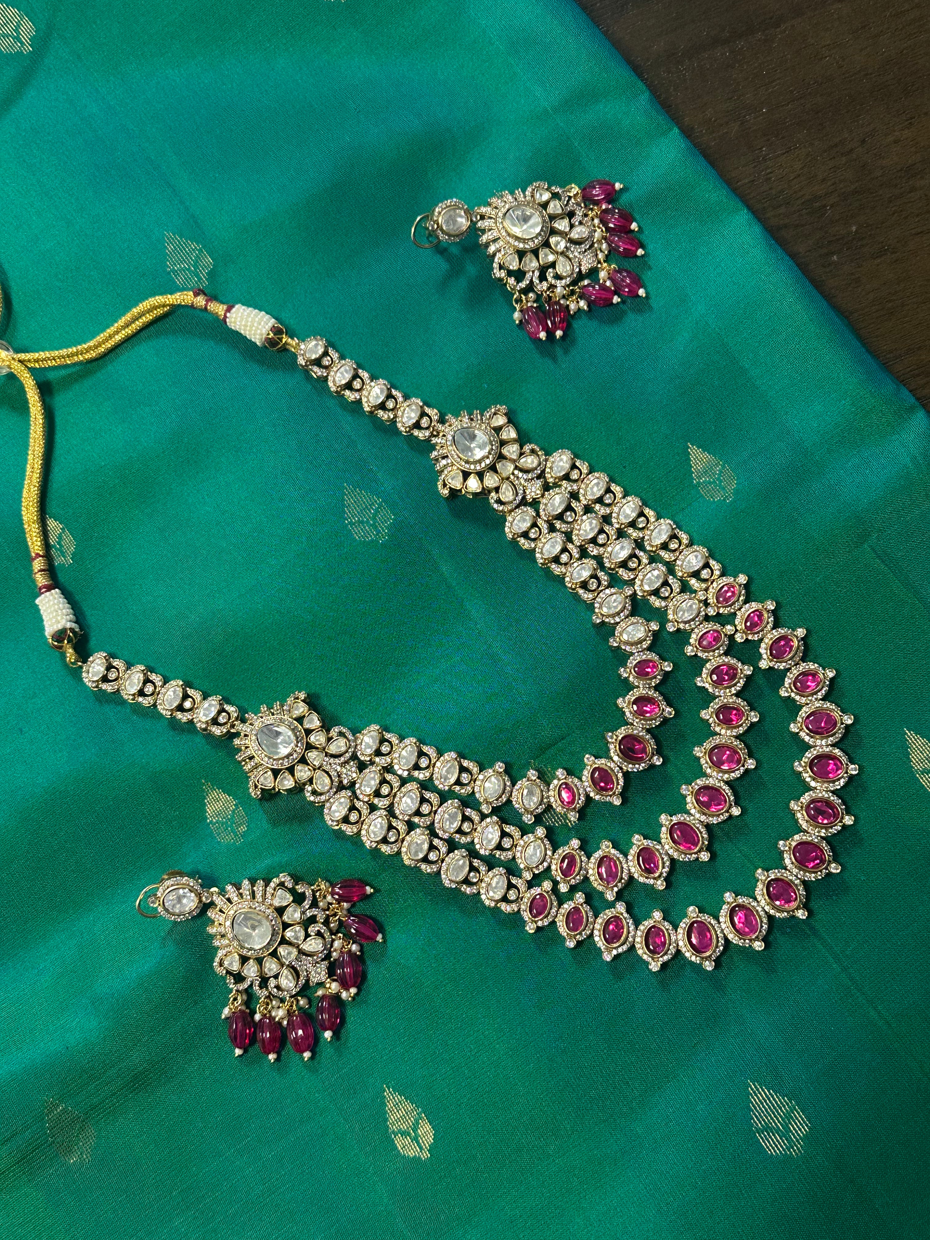 3 Layer Polki Kundan Set in Pink with Earrings