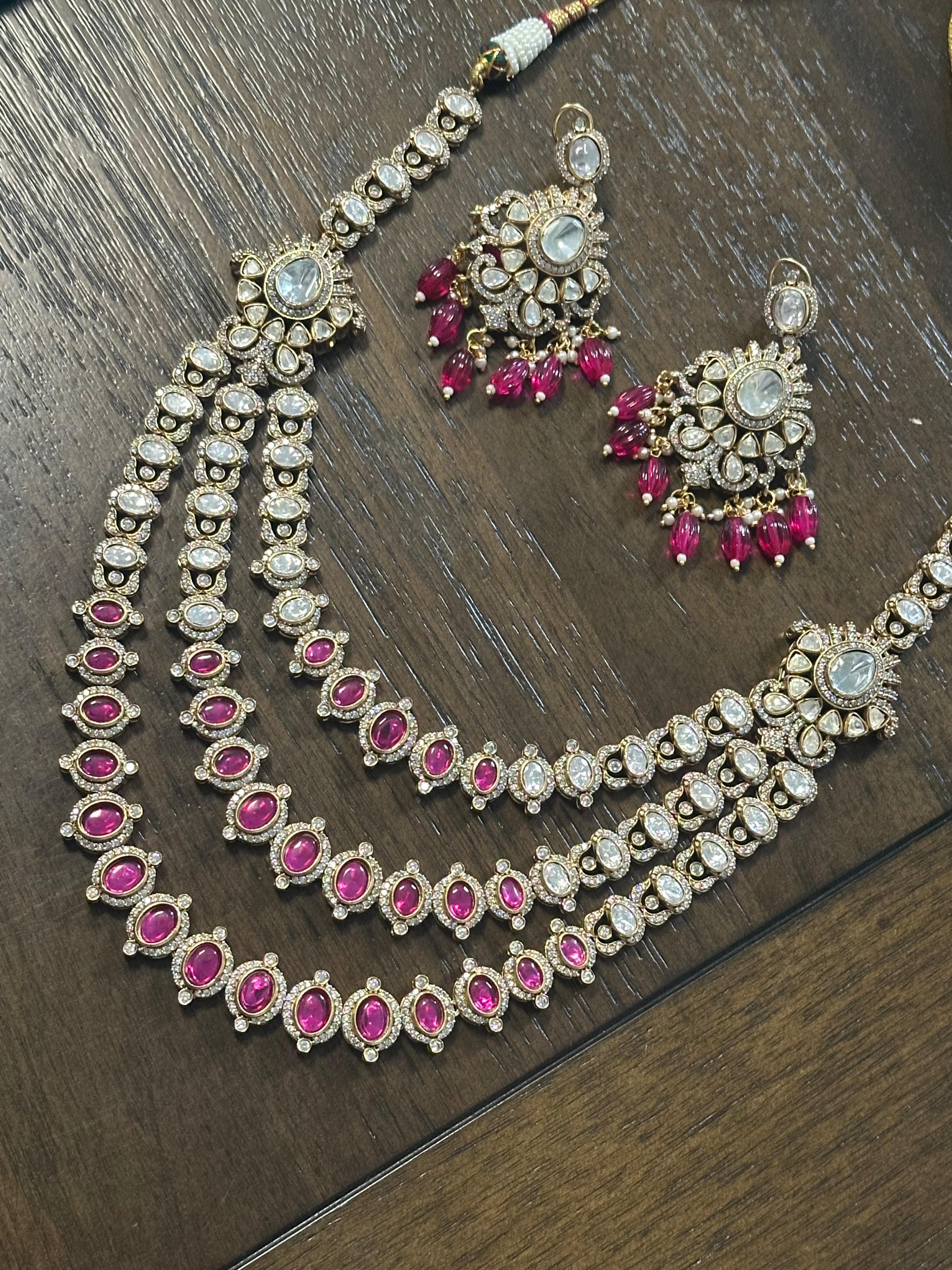 3 Layer Polki Kundan Set in Pink with Earrings