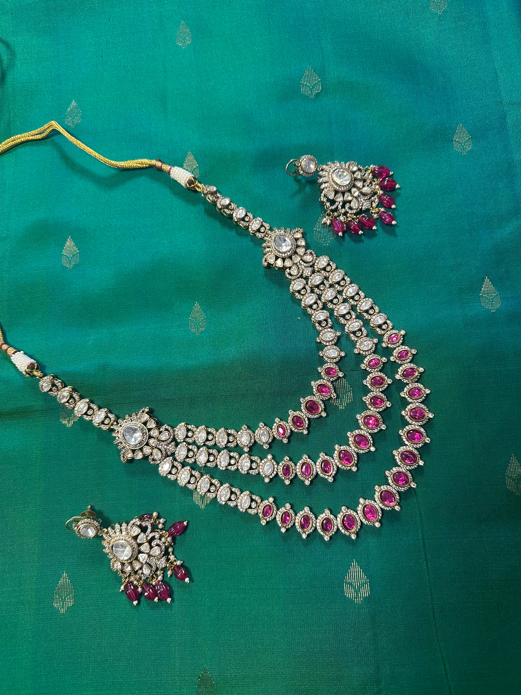 3 Layer Polki Kundan Set in Pink with Earrings