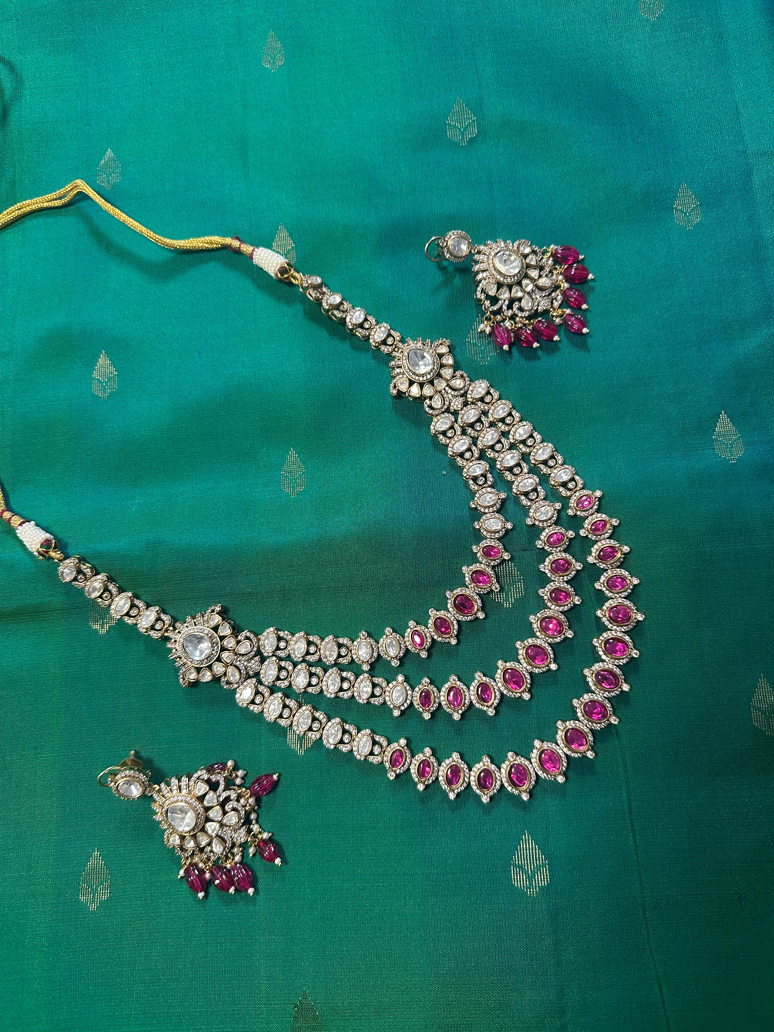 3 Layer Polki Kundan Set in Pink with Earrings