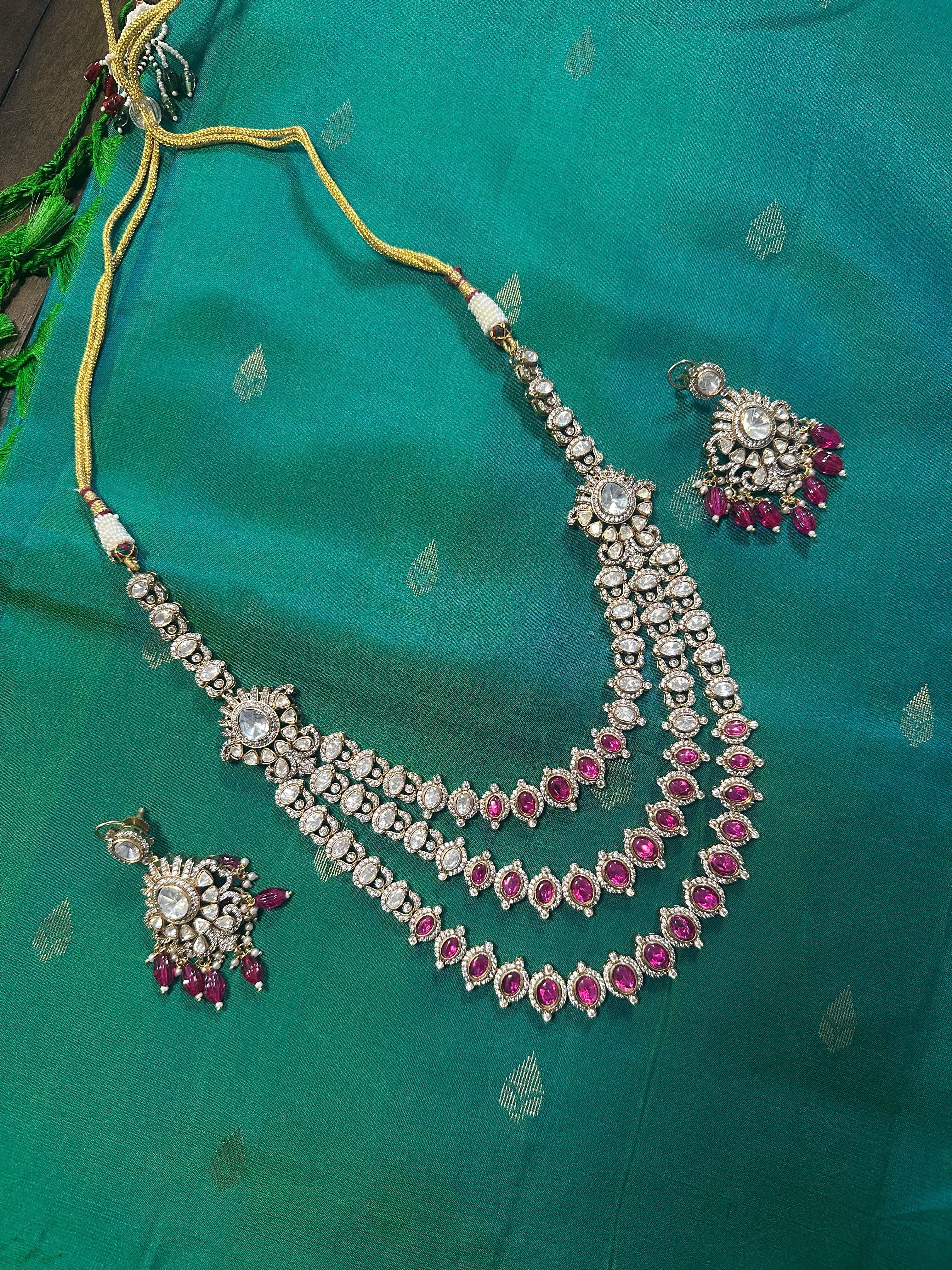 3 Layer Polki Kundan Set in Pink with Earrings