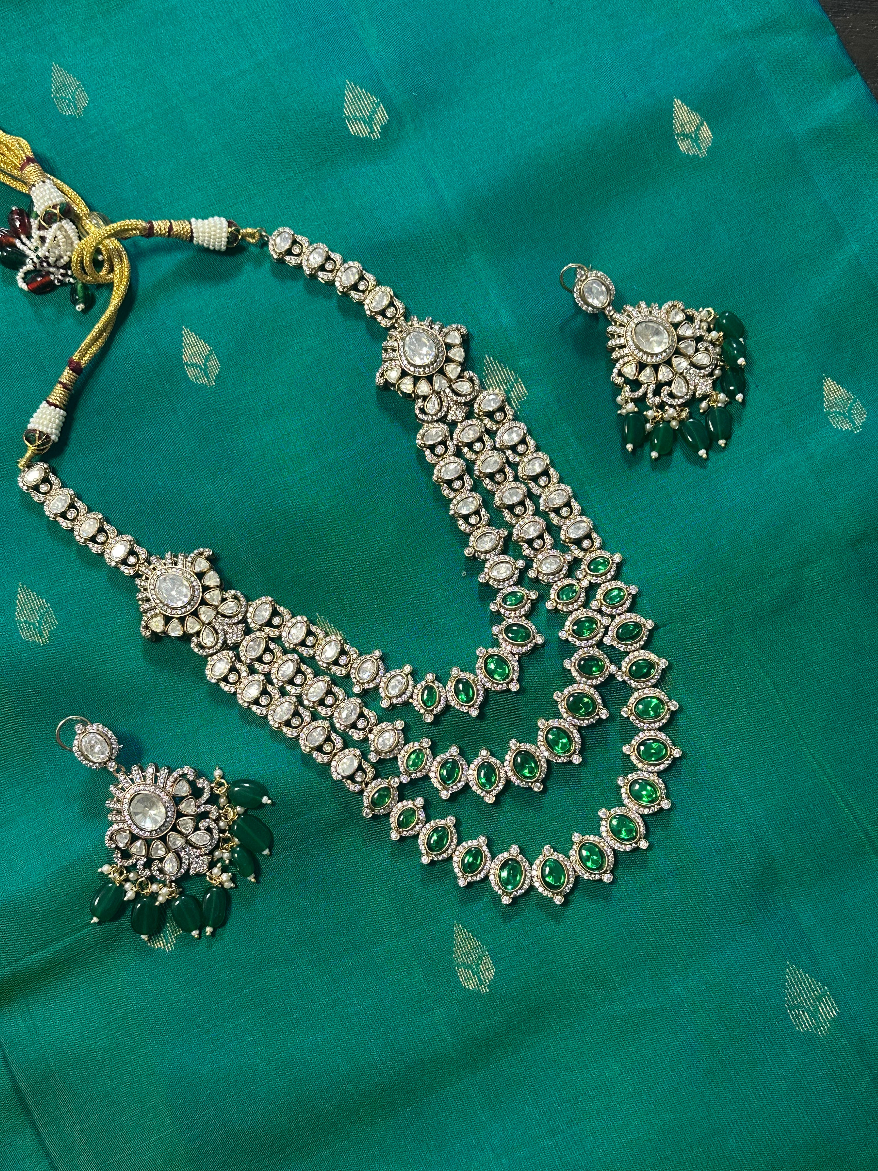 3 Layer Polki Kundan Set in Green with Earrings
