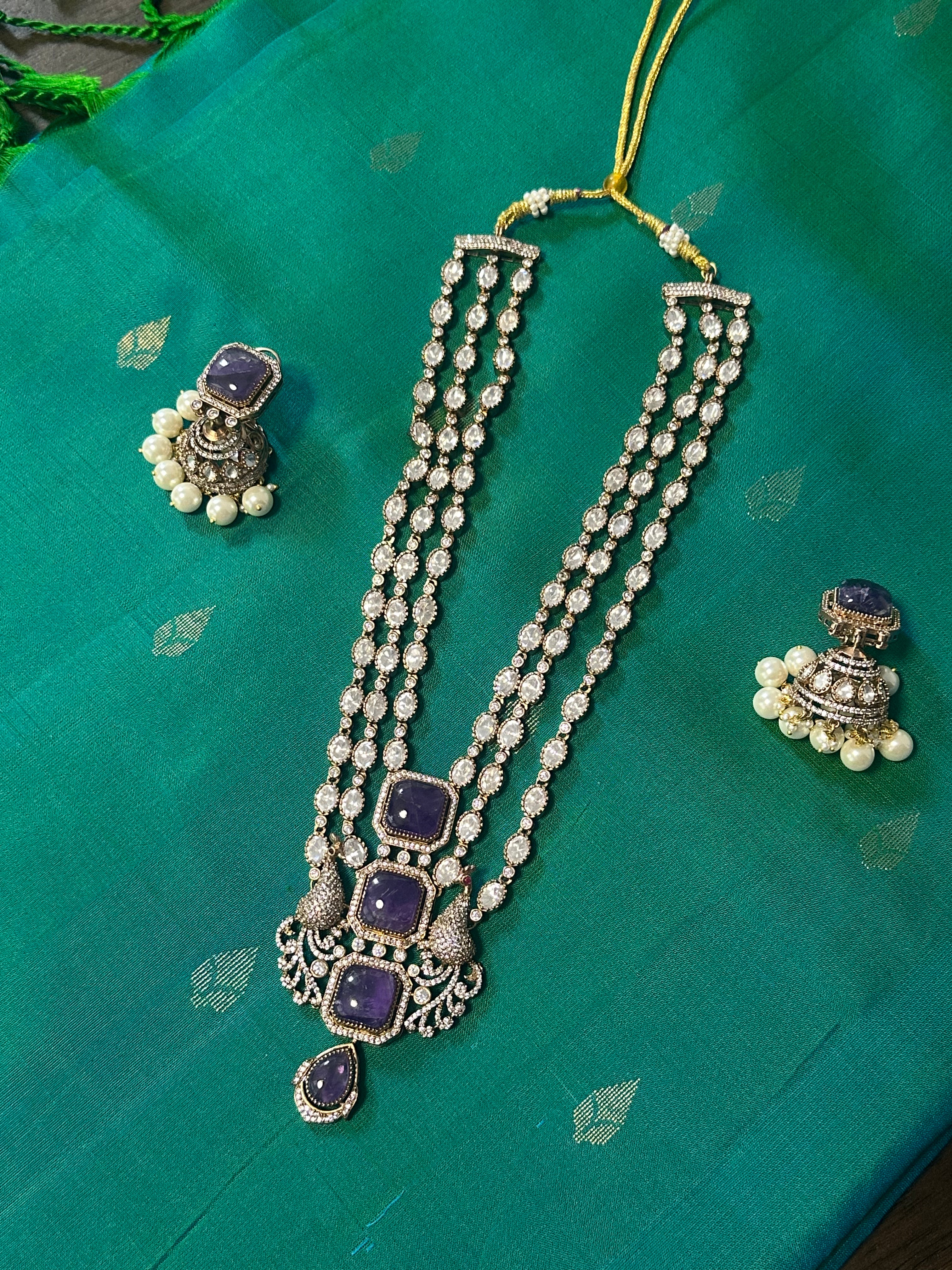 3 Layer Mossionite Kundan Set in Purple Doublet Stone