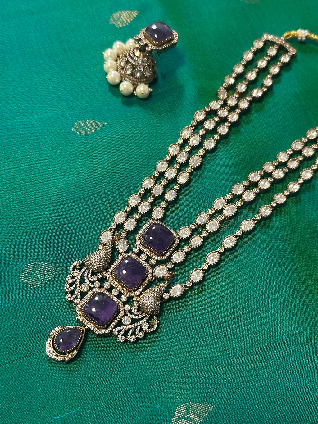 3 Layer Mossionite Kundan Set in Purple Doublet Stone