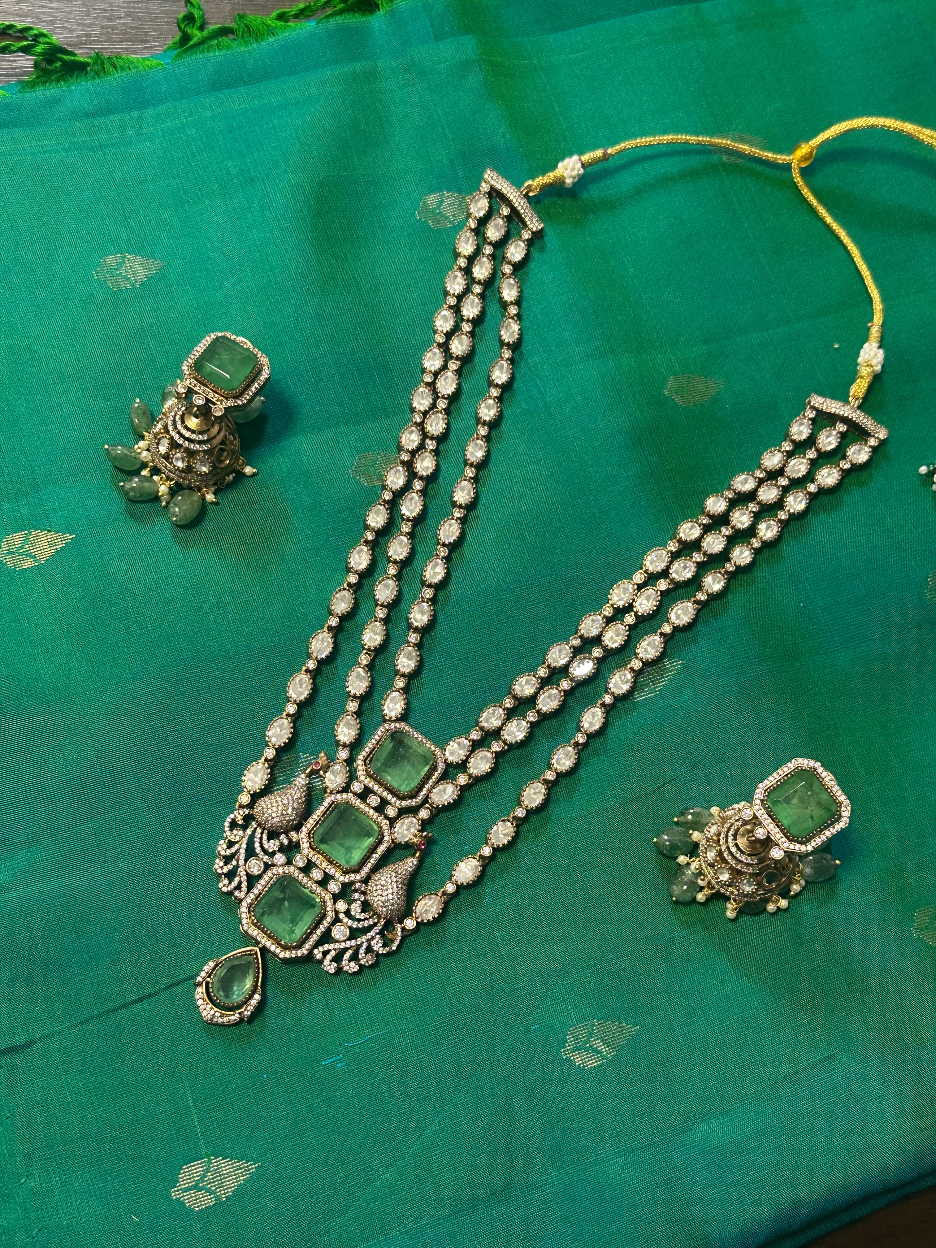 3 Layer Mossionite Kundan Set in Green with Jhumkas