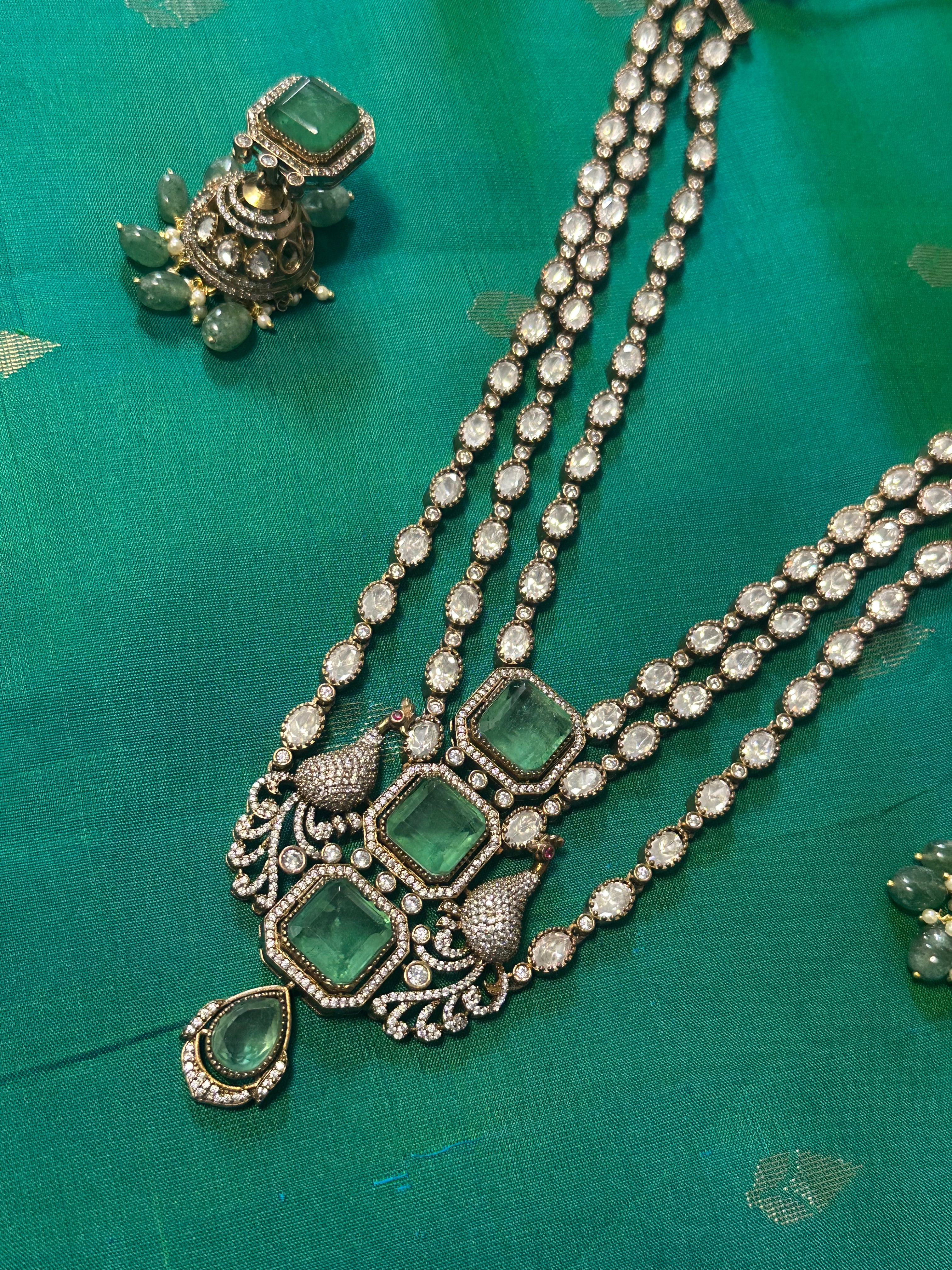 3 Layer Mossionite Kundan Set in Green with Jhumkas