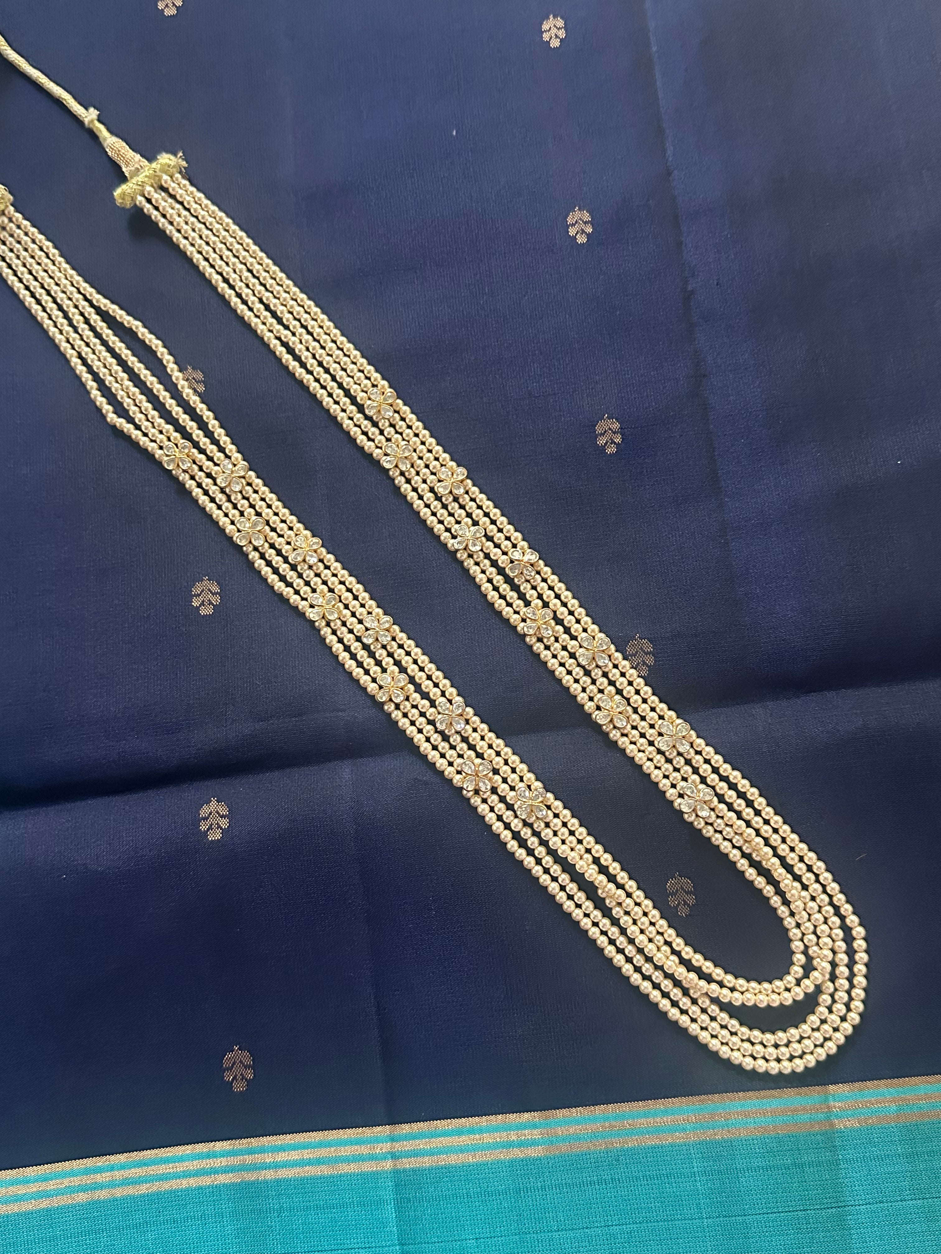 Beautiful 5 Strands Pearl Mala with Polki Stones