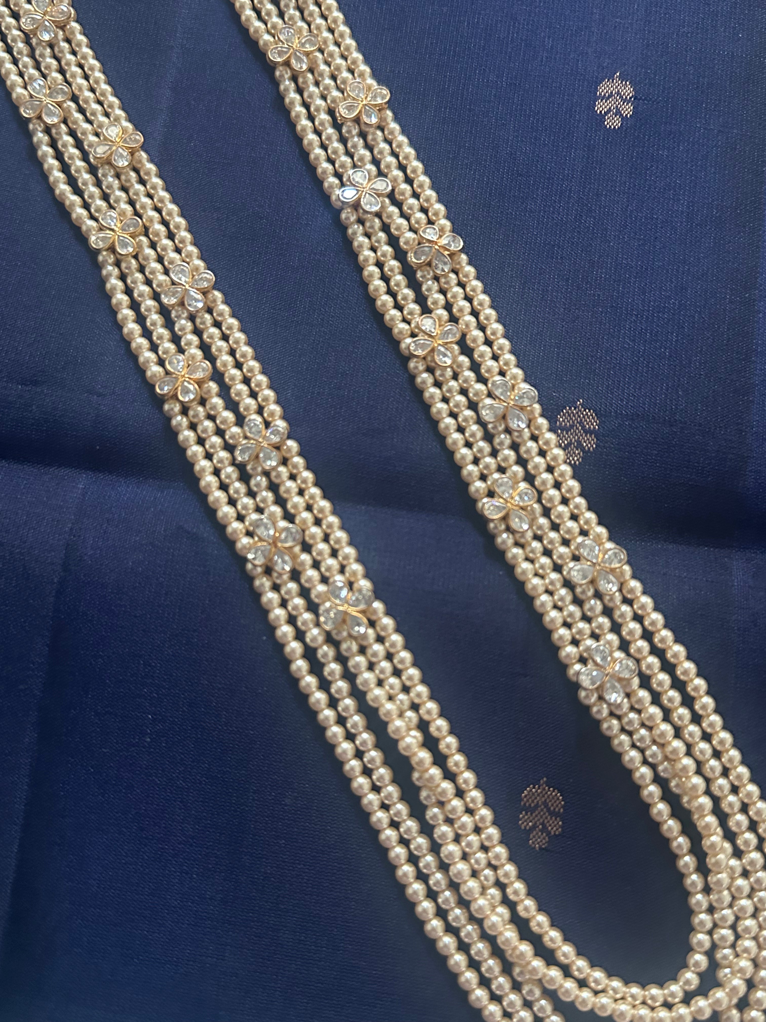 Beautiful 5 Strands Pearl Mala with Polki Stones