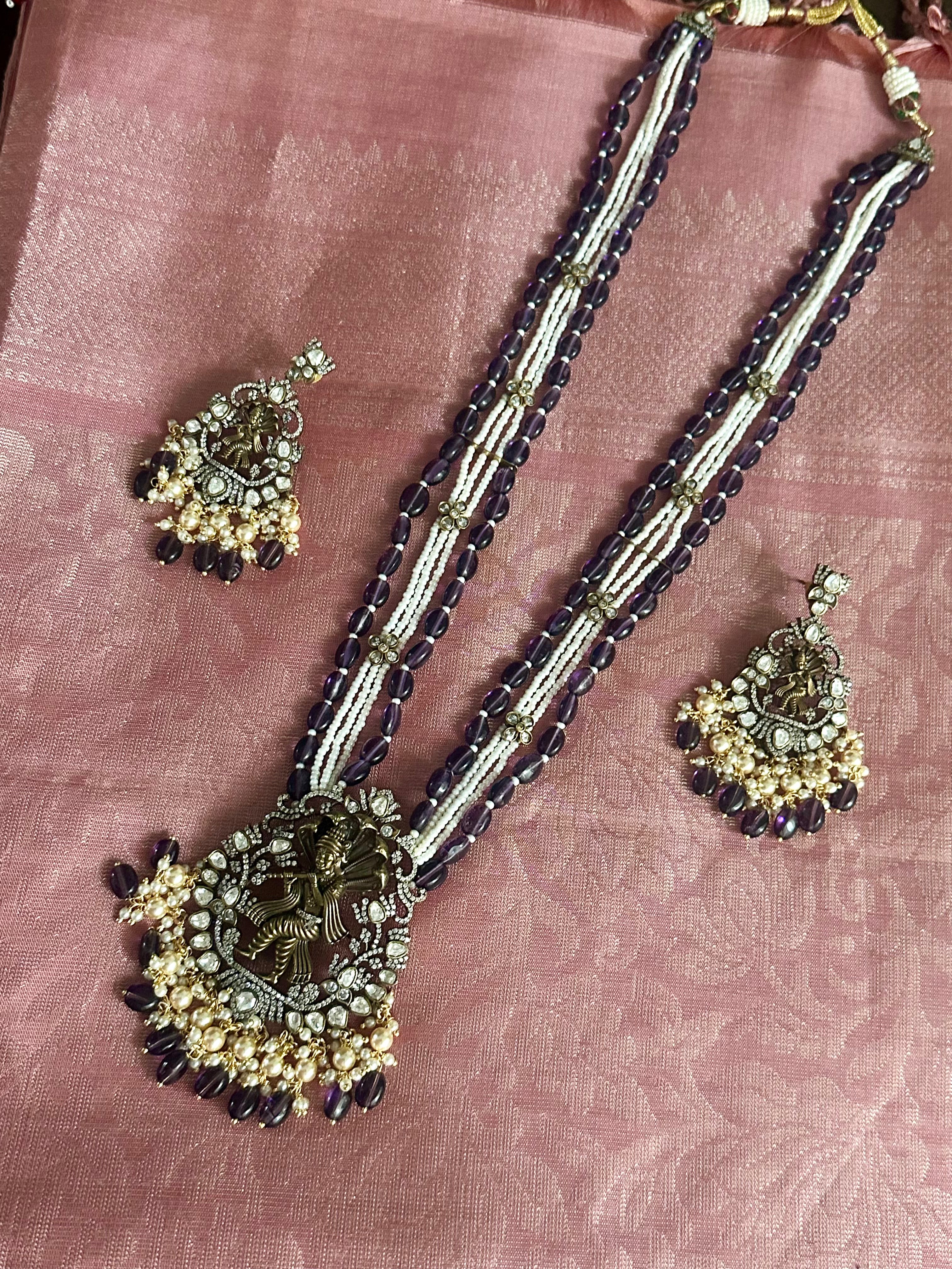 Purple Beads Pearl Set Krishna Pendant with Studs