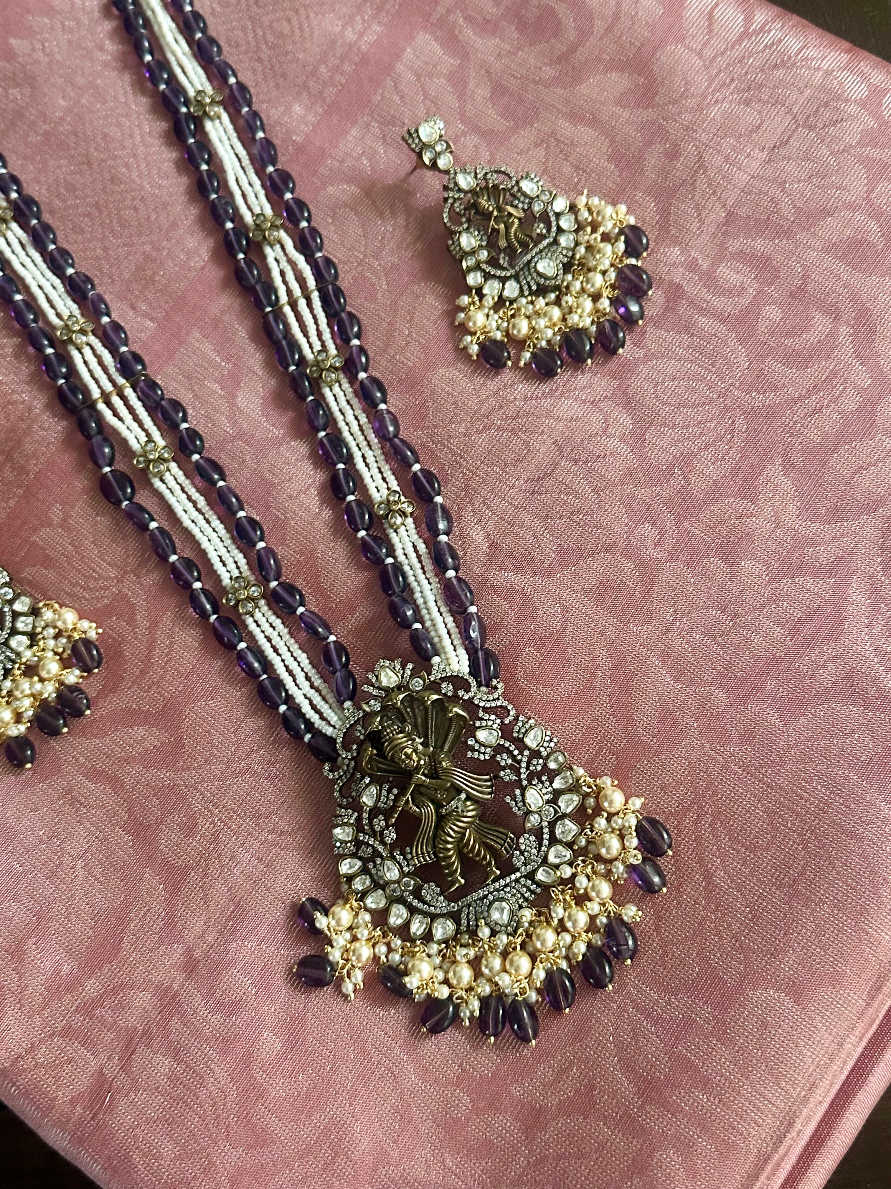 Purple Beads Pearl Set Krishna Pendant with Studs