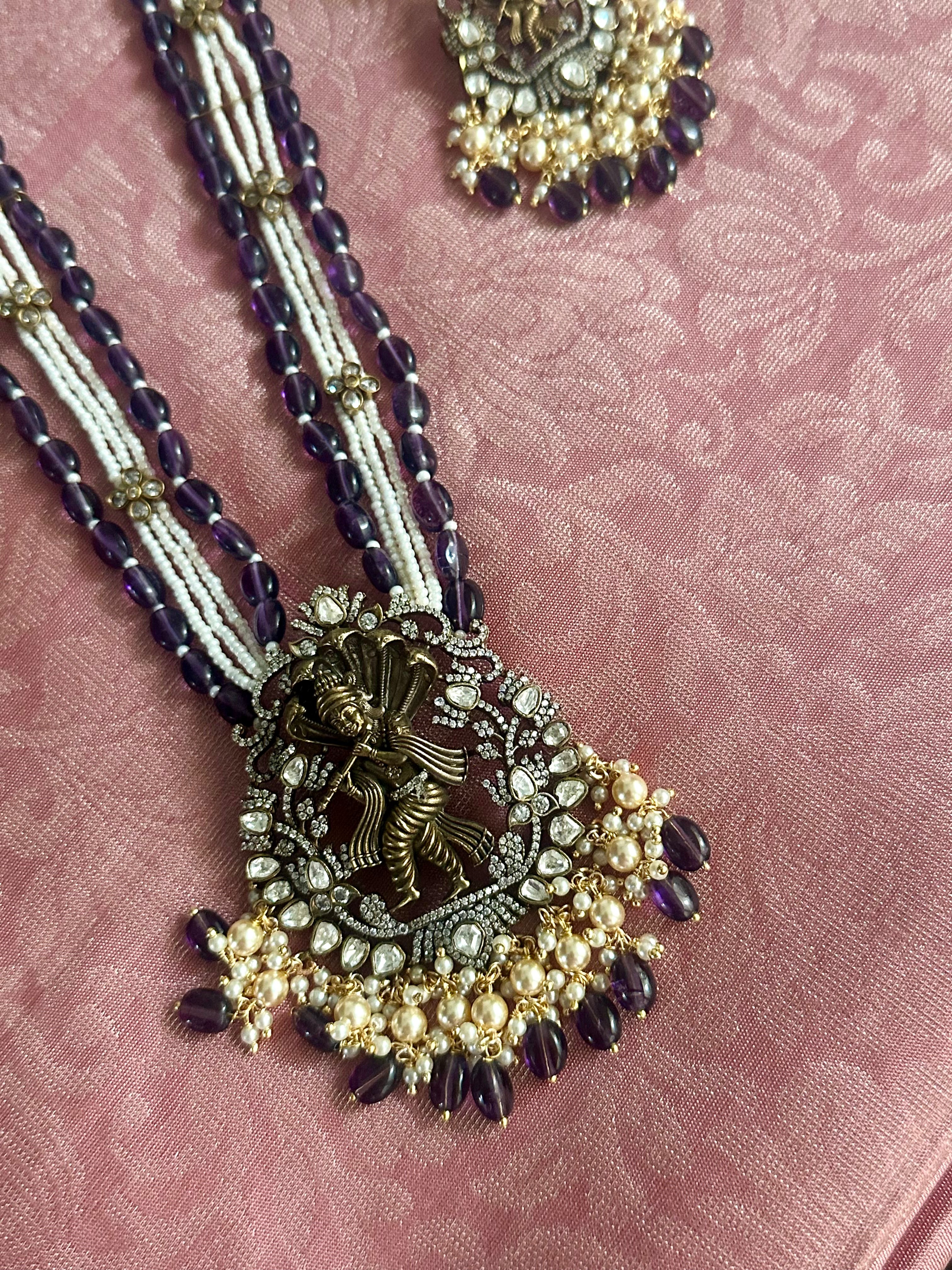 Purple Beads Pearl Set Krishna Pendant with Studs
