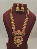 Gold Beads Jadau Kundan Long Nakshi Haram With Earrings