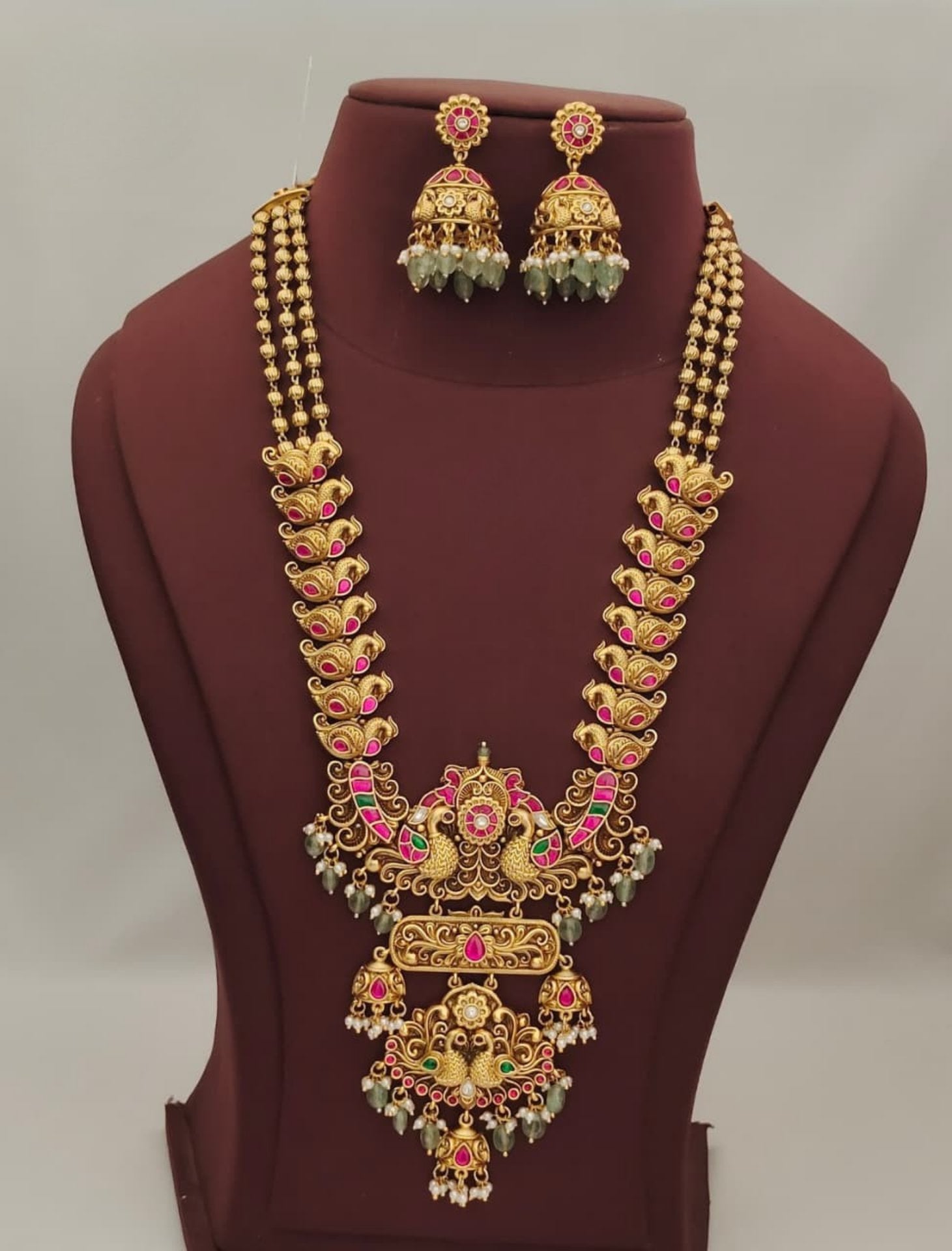 Gold Beads Jadau Kundan Long Nakshi Haram With Earrings