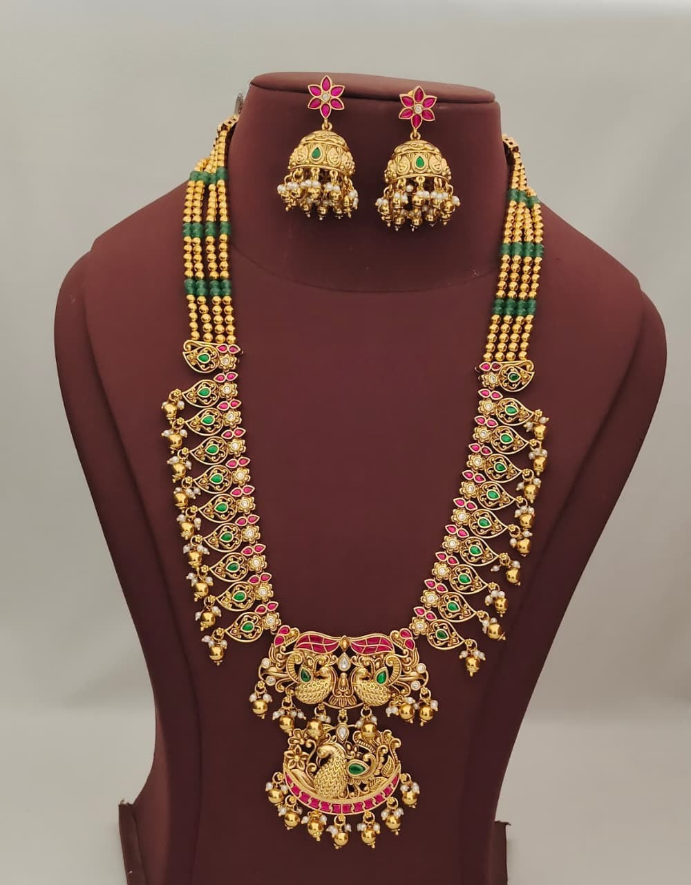 Gold and Green Beads Jadau Kundan Nakshi Haram