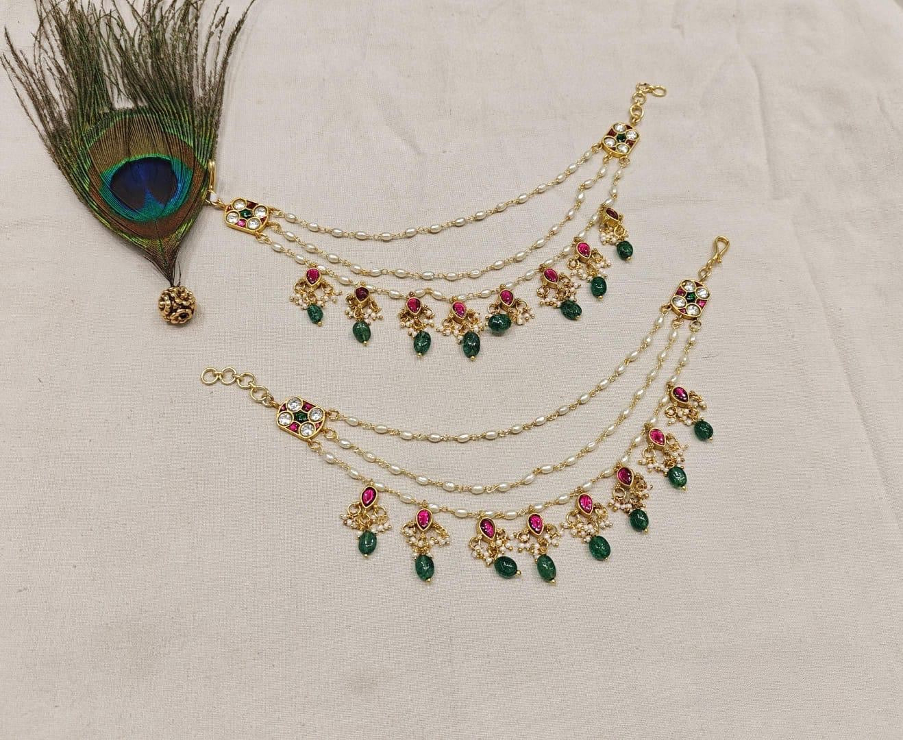 Pearl Ear chains With Green Beads Hangings