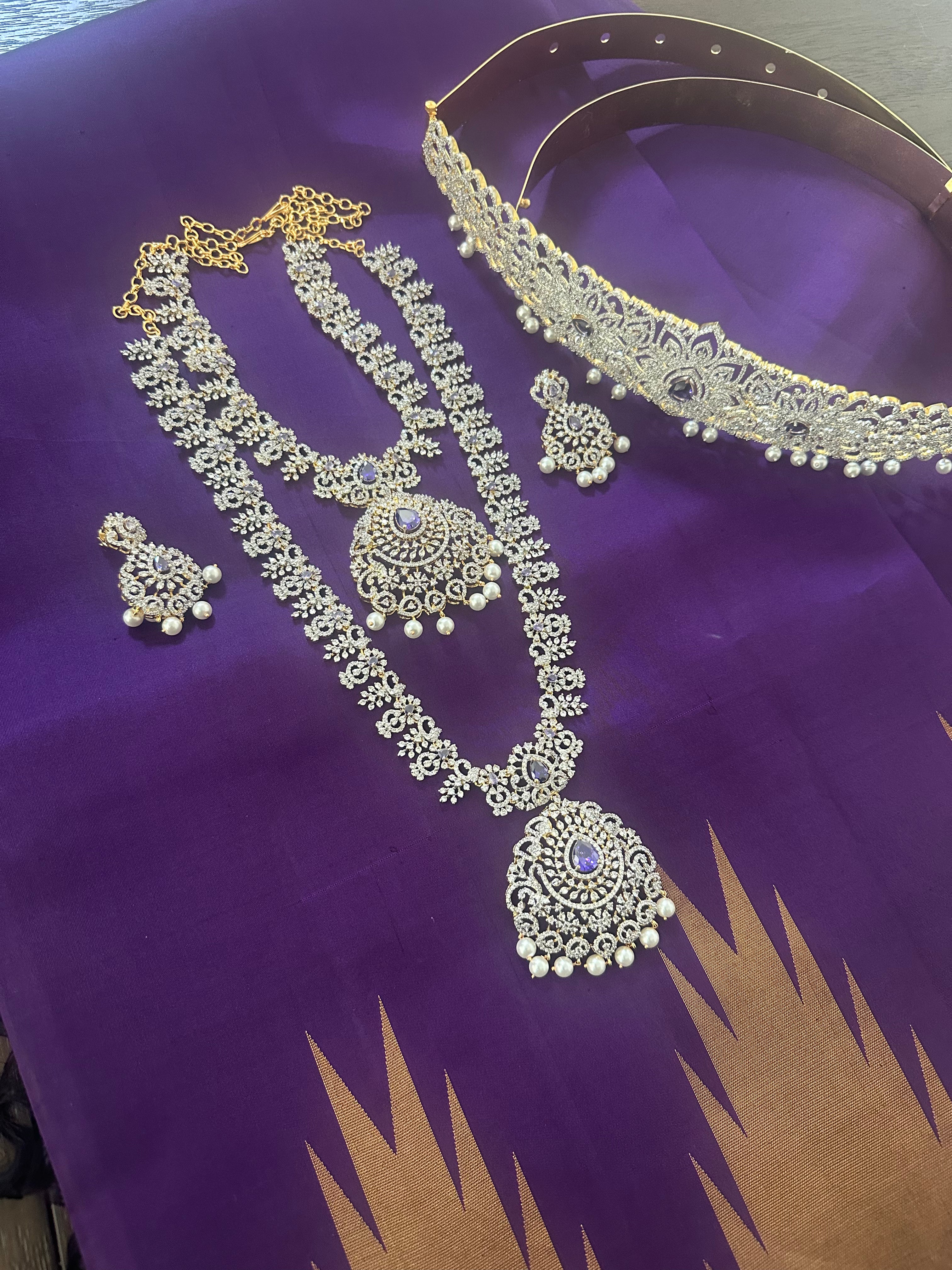 CZ White and Purple Stones Haram Set Combo Set With Hipbelt