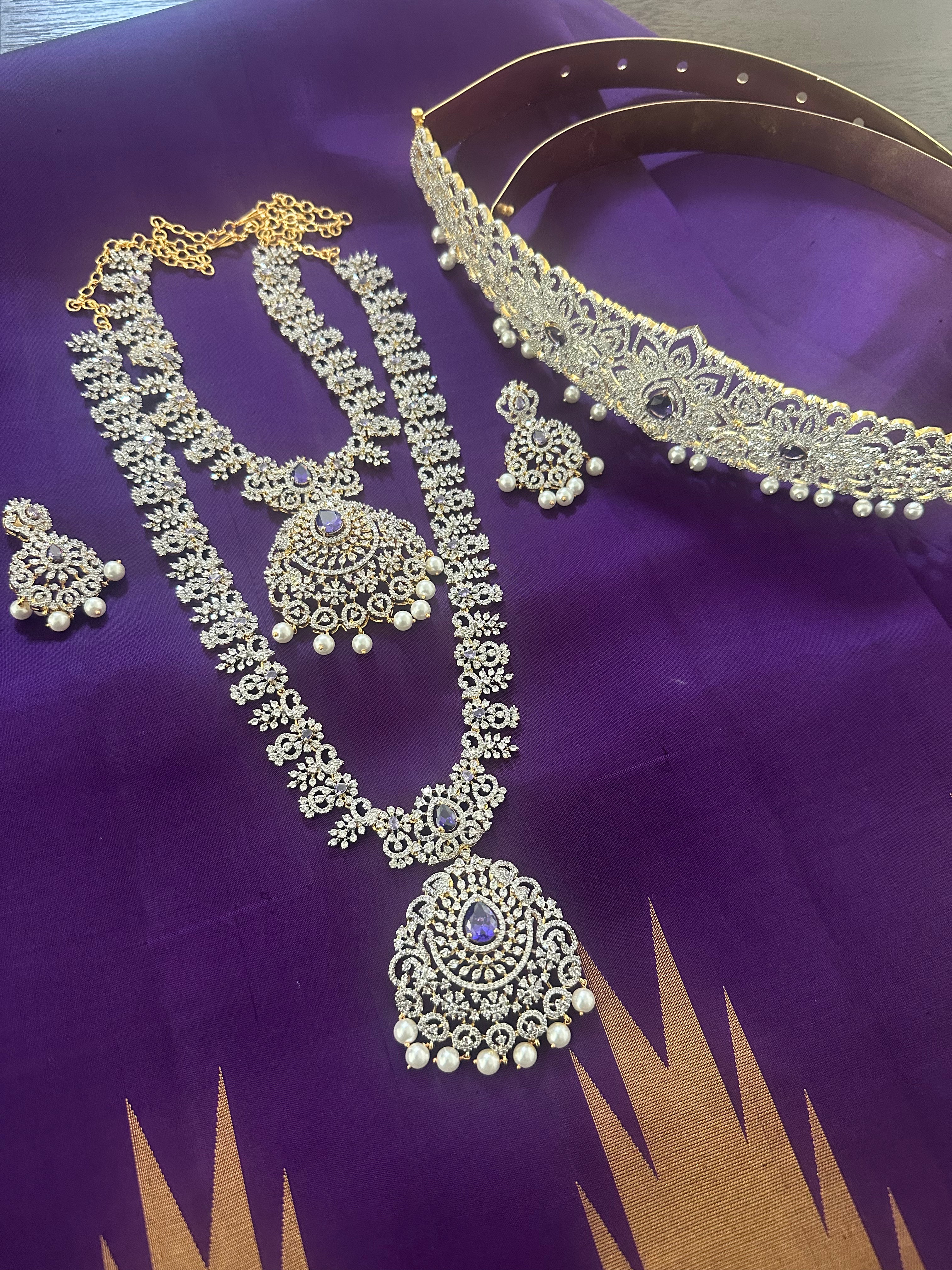 CZ White and Purple Stones Haram Set Combo Set With Hipbelt