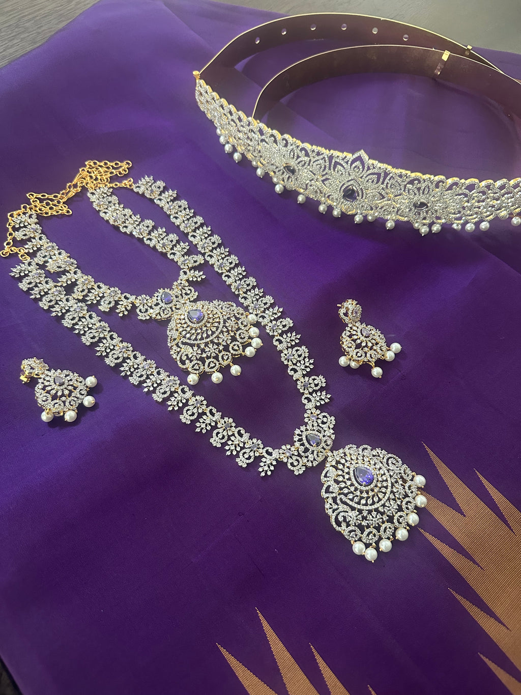 CZ White and Purple Stones Haram Set Combo Set With Hipbelt