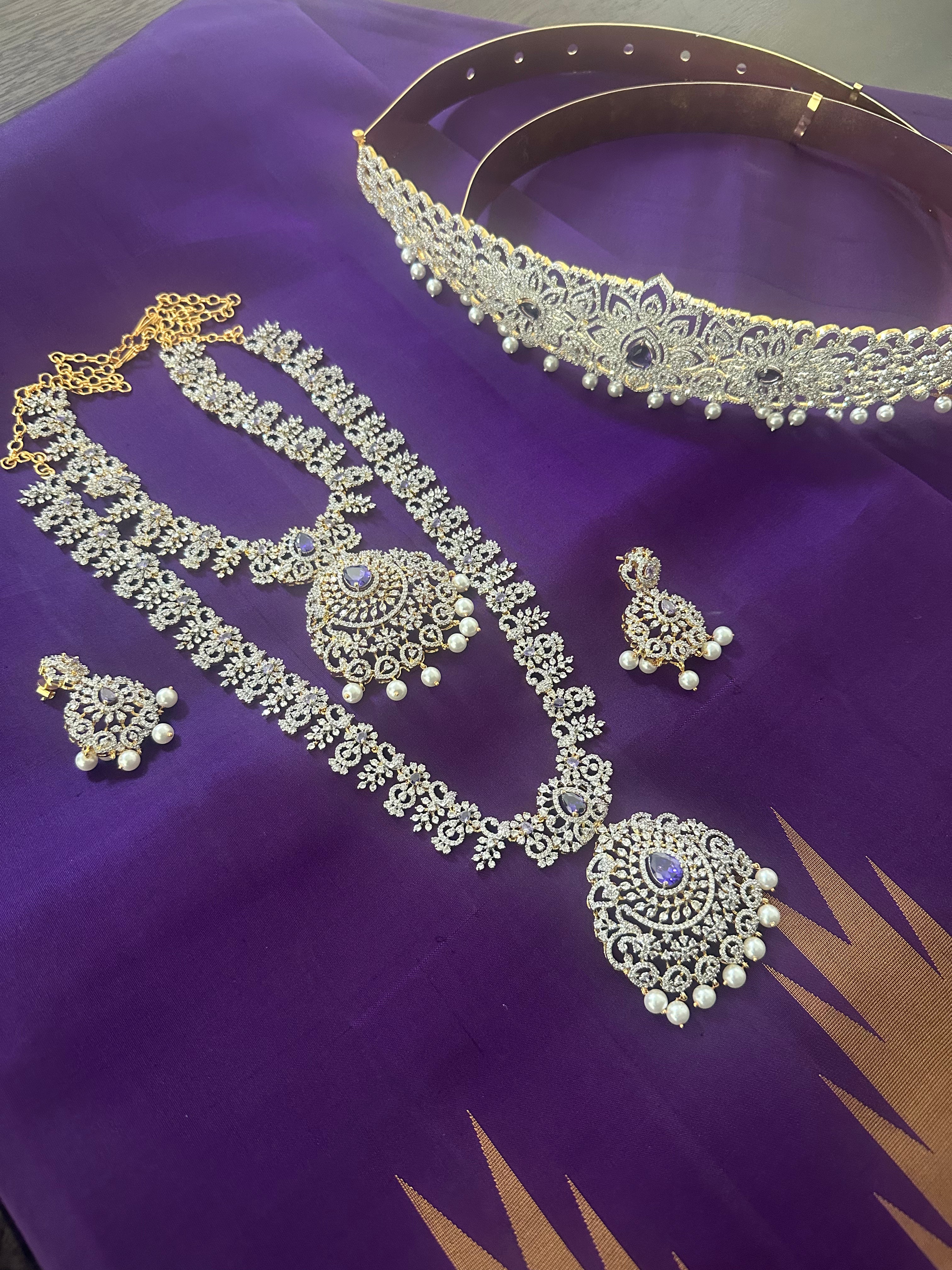 CZ White and Purple Stones Haram Set Combo Set With Hipbelt