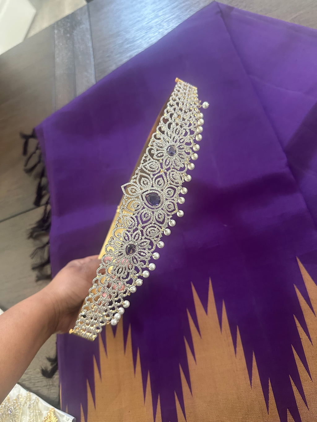 CZ White and Purple Stones Haram Set Combo Set With Hipbelt