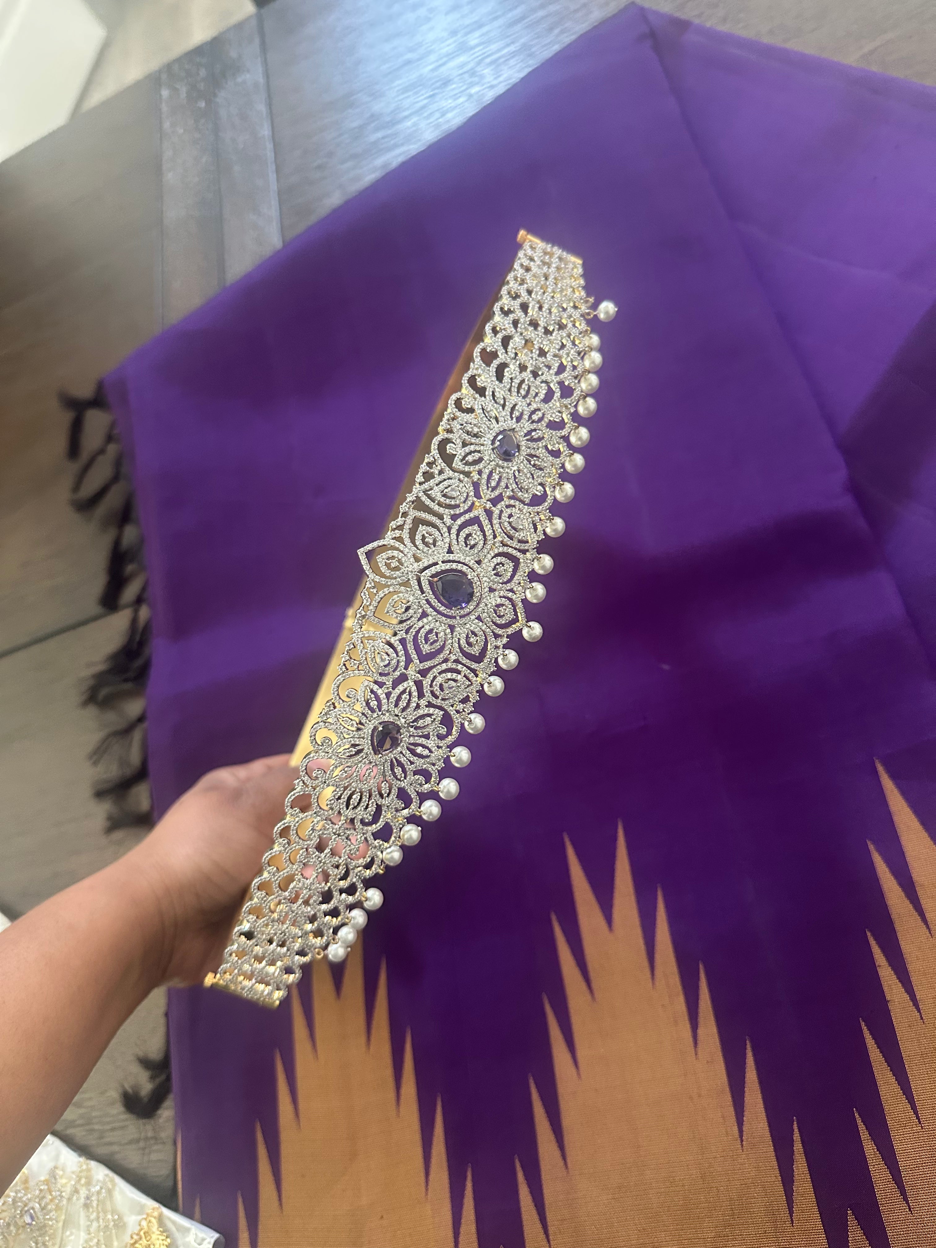 CZ White and Purple Stones Haram Set Combo Set With Hipbelt