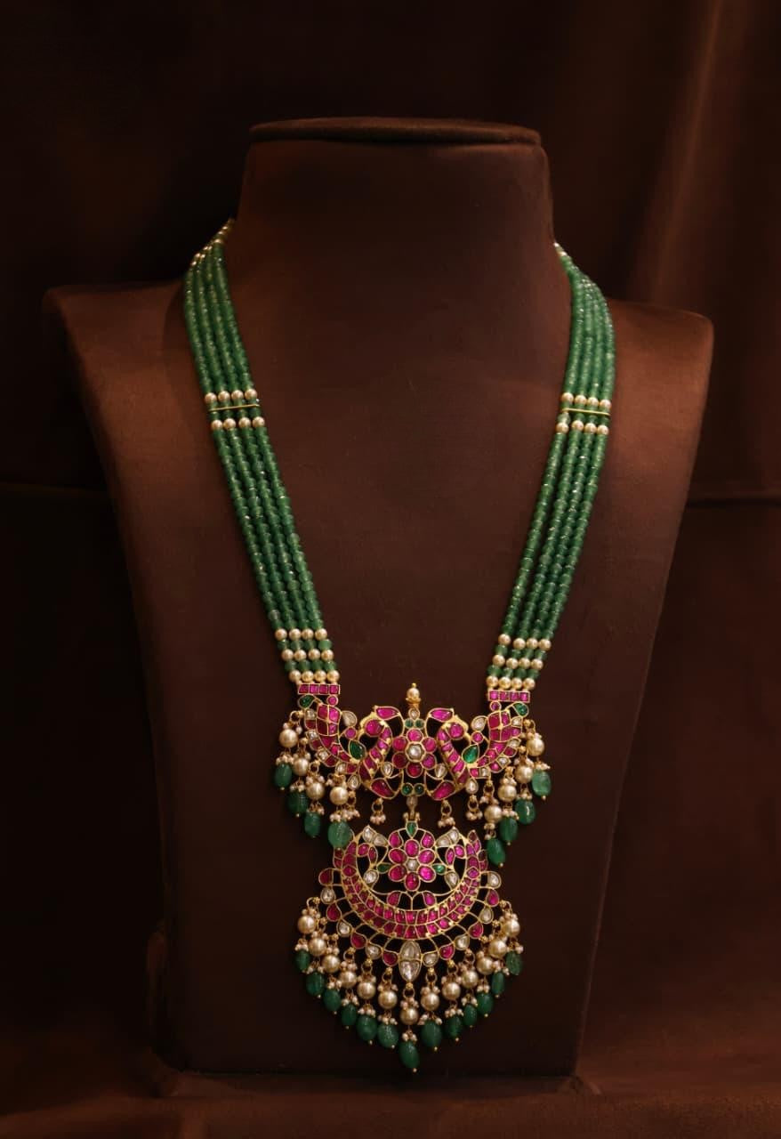 Green Crystal Beads Jadau Pendant - Long