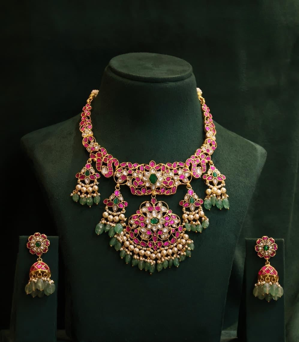 Jadau Kundan Finish Necklace Set With Jhumkas
