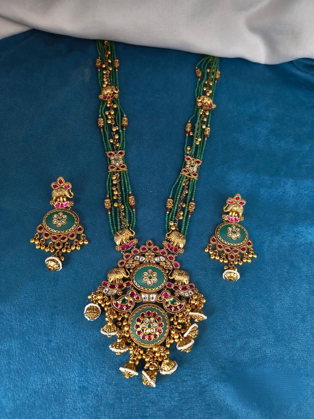 Rajwadi Design Green Beads Long Necklace Set With Earrings