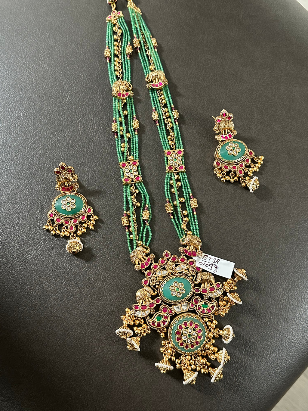 Rajwadi Design Green Beads Long Necklace Set With Earrings