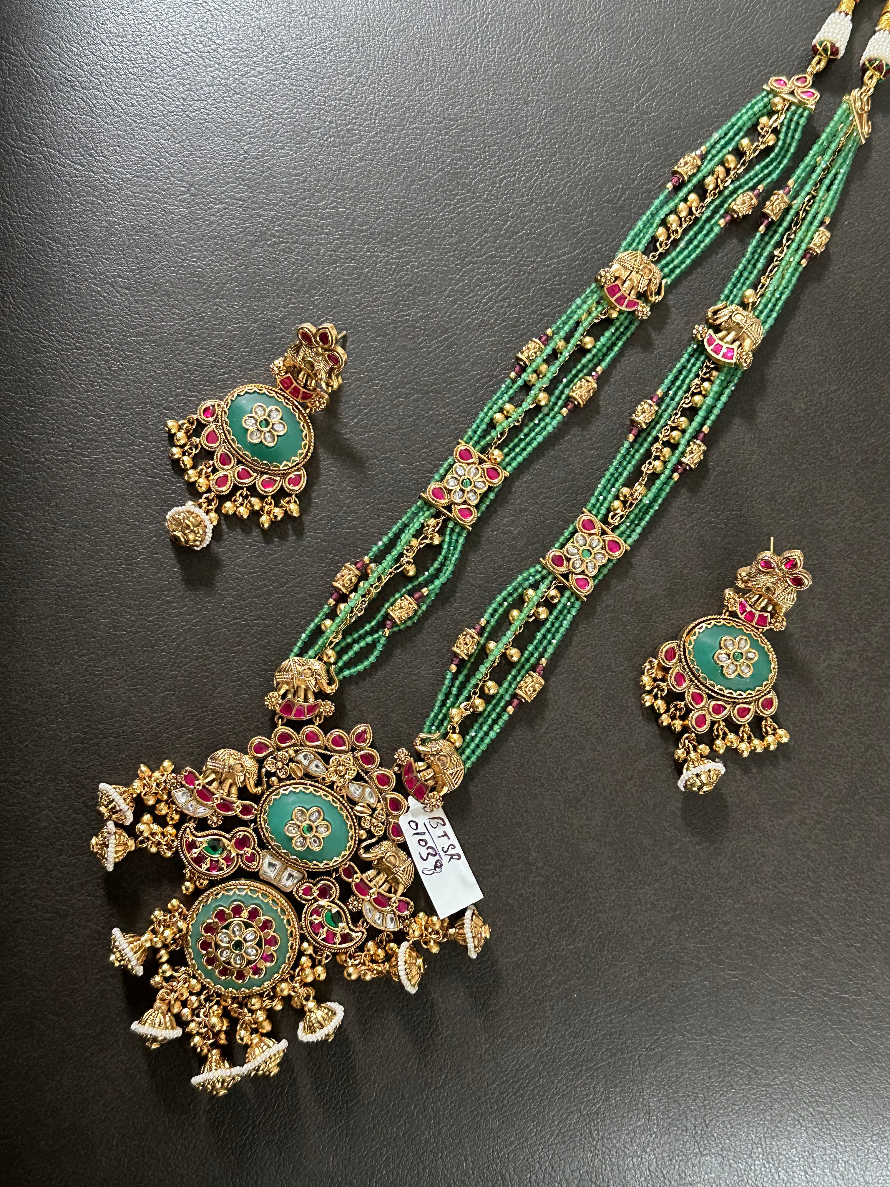 Rajwadi Design Green Beads Long Necklace Set With Earrings