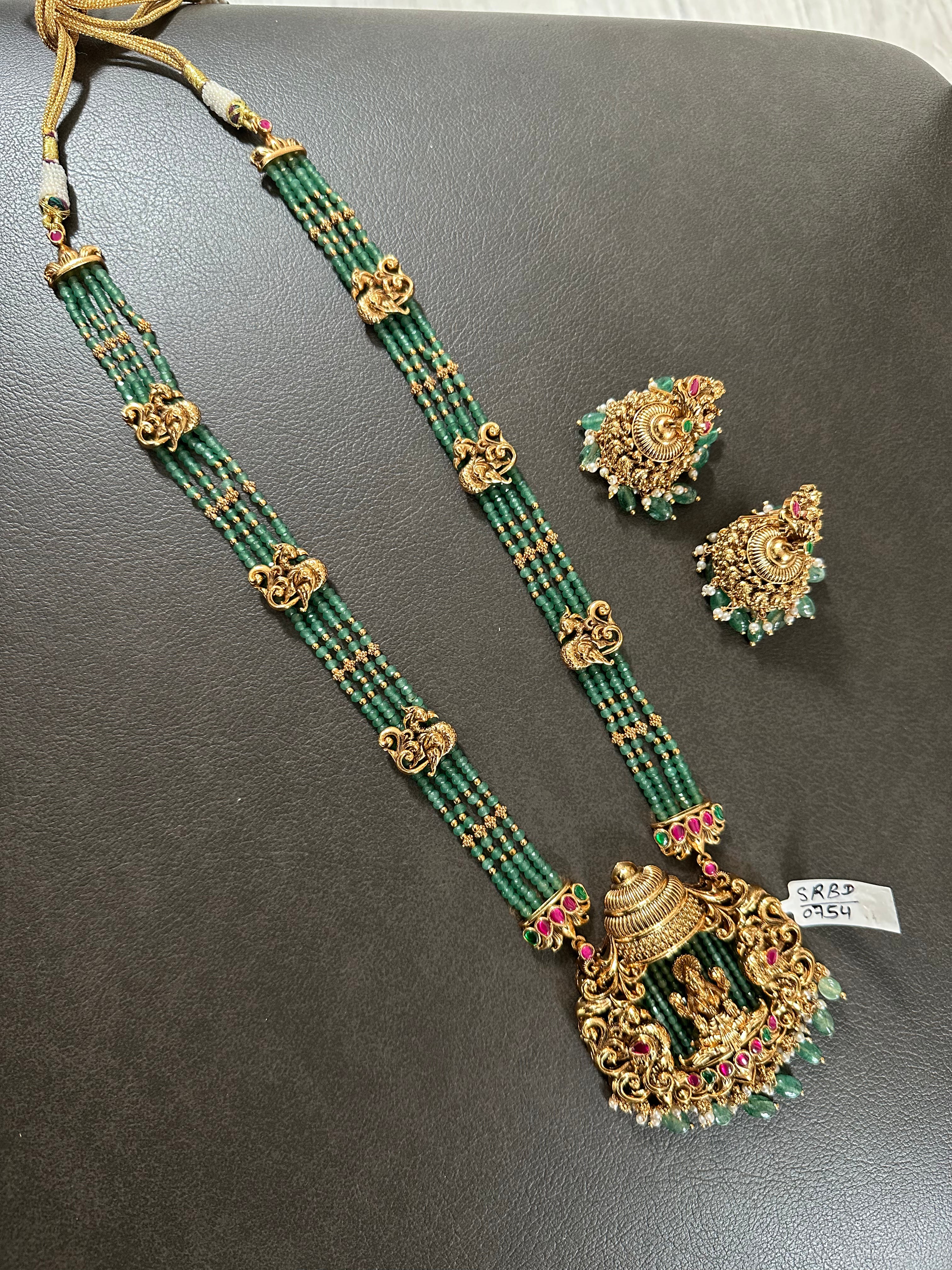 Green crystal Beads Lakshmi Pendant Mala With Earings