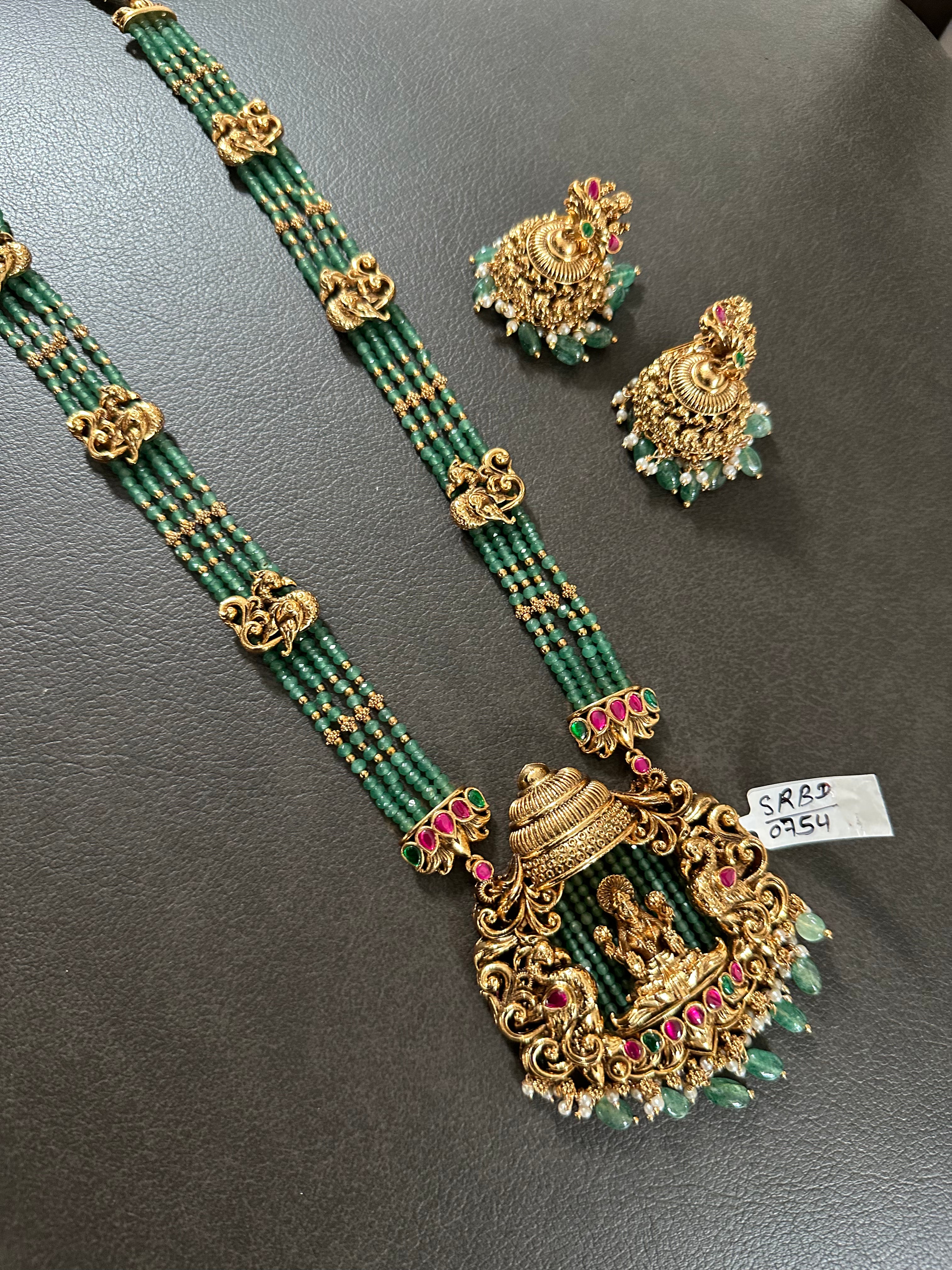 Green crystal Beads Lakshmi Pendant Mala With Earings