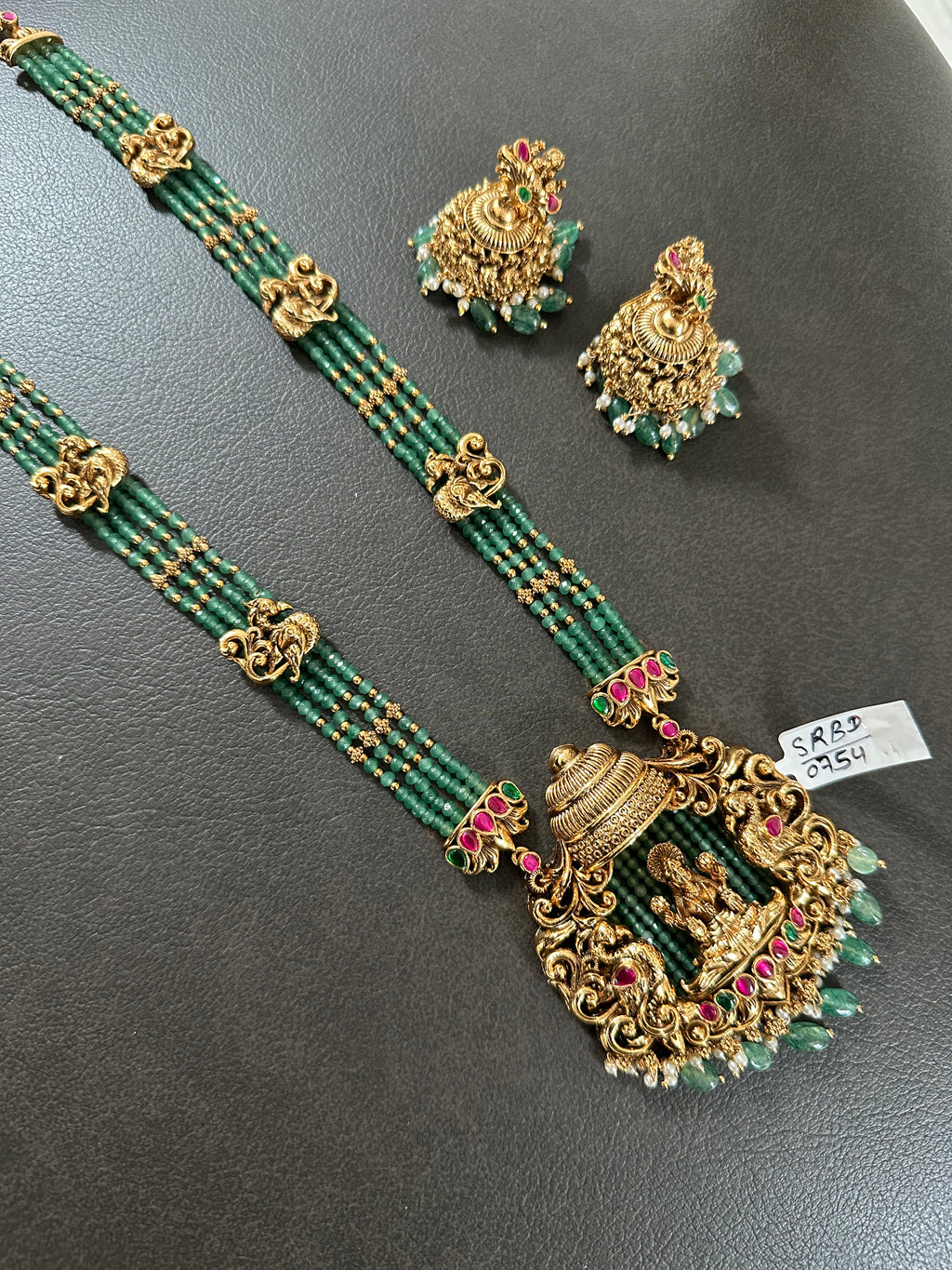 Green crystal Beads Lakshmi Pendant Mala With Earings